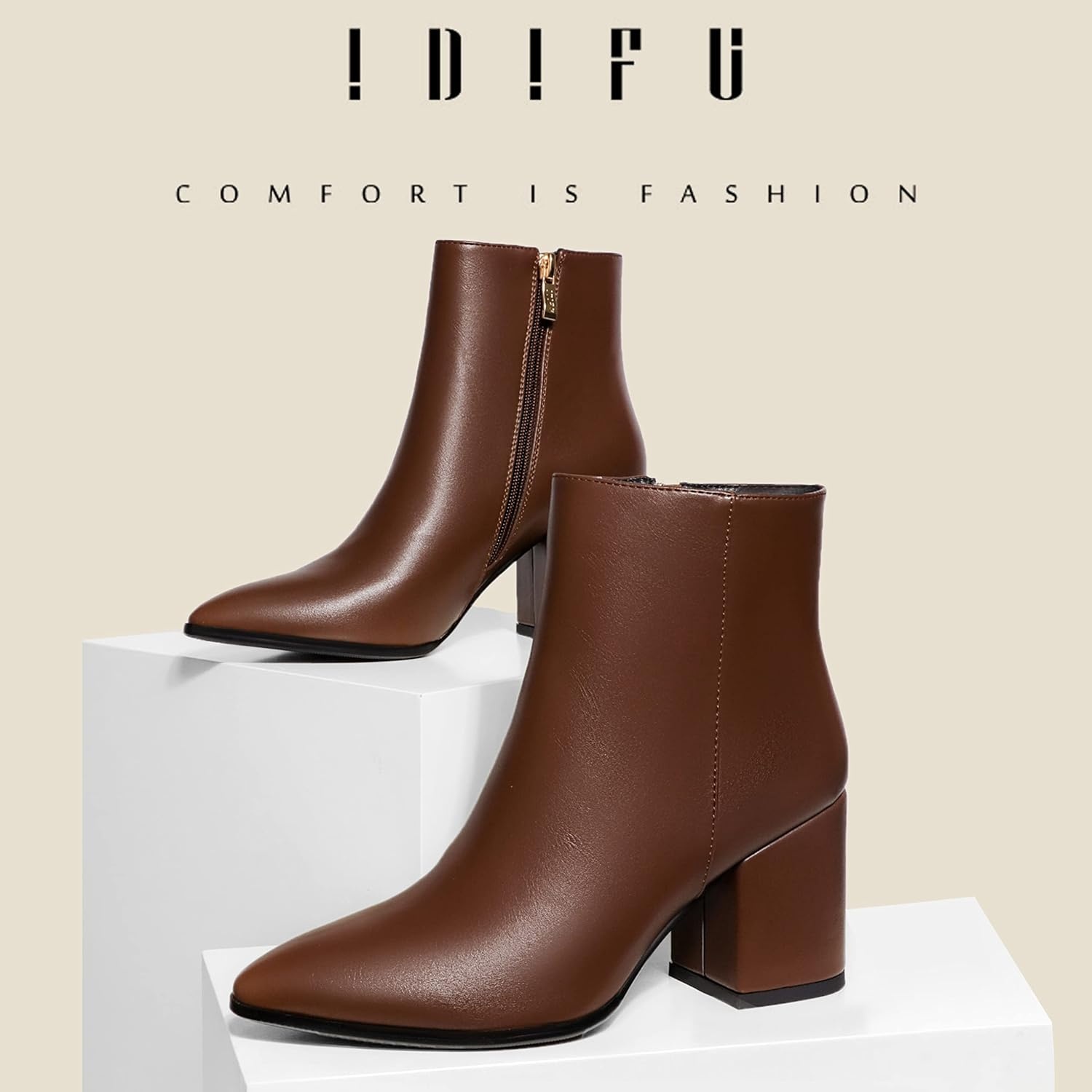 image:imageIDIFU Women Dress Ankle Boot with Low Chunky Heel Pointed Toe Side Zipper Bootie Shoe for Women Office Business Date WeddingDark Brown Pu