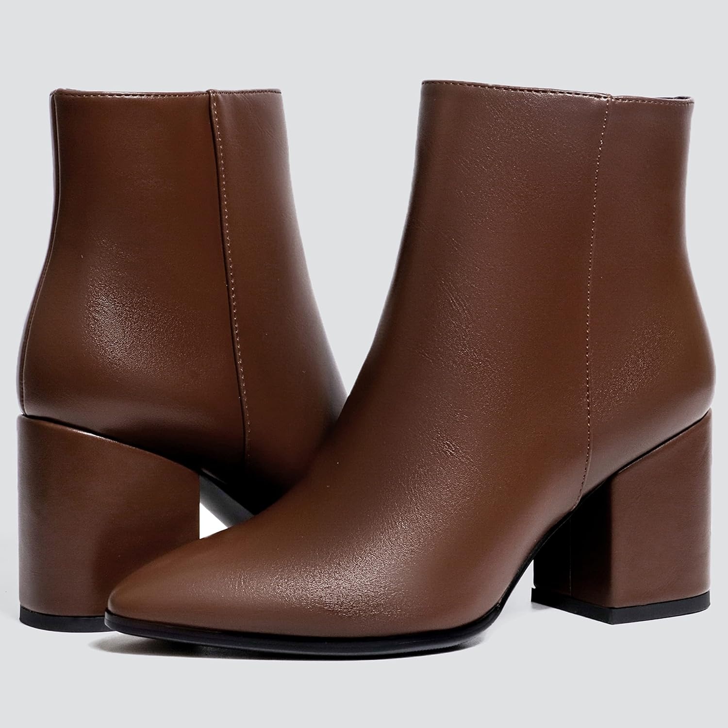 image:imageIDIFU Women Dress Ankle Boot with Low Chunky Heel Pointed Toe Side Zipper Bootie Shoe for Women Office Business Date WeddingDark Brown Pu