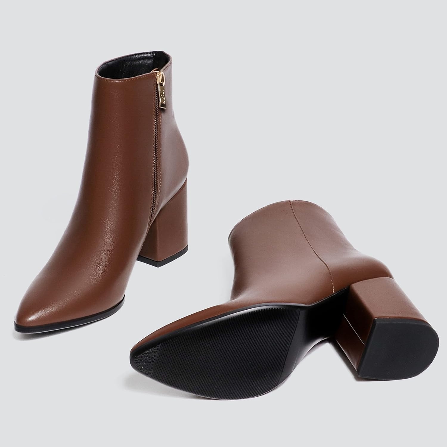 image:imageIDIFU Women Dress Ankle Boot with Low Chunky Heel Pointed Toe Side Zipper Bootie Shoe for Women Office Business Date WeddingDark Brown Pu