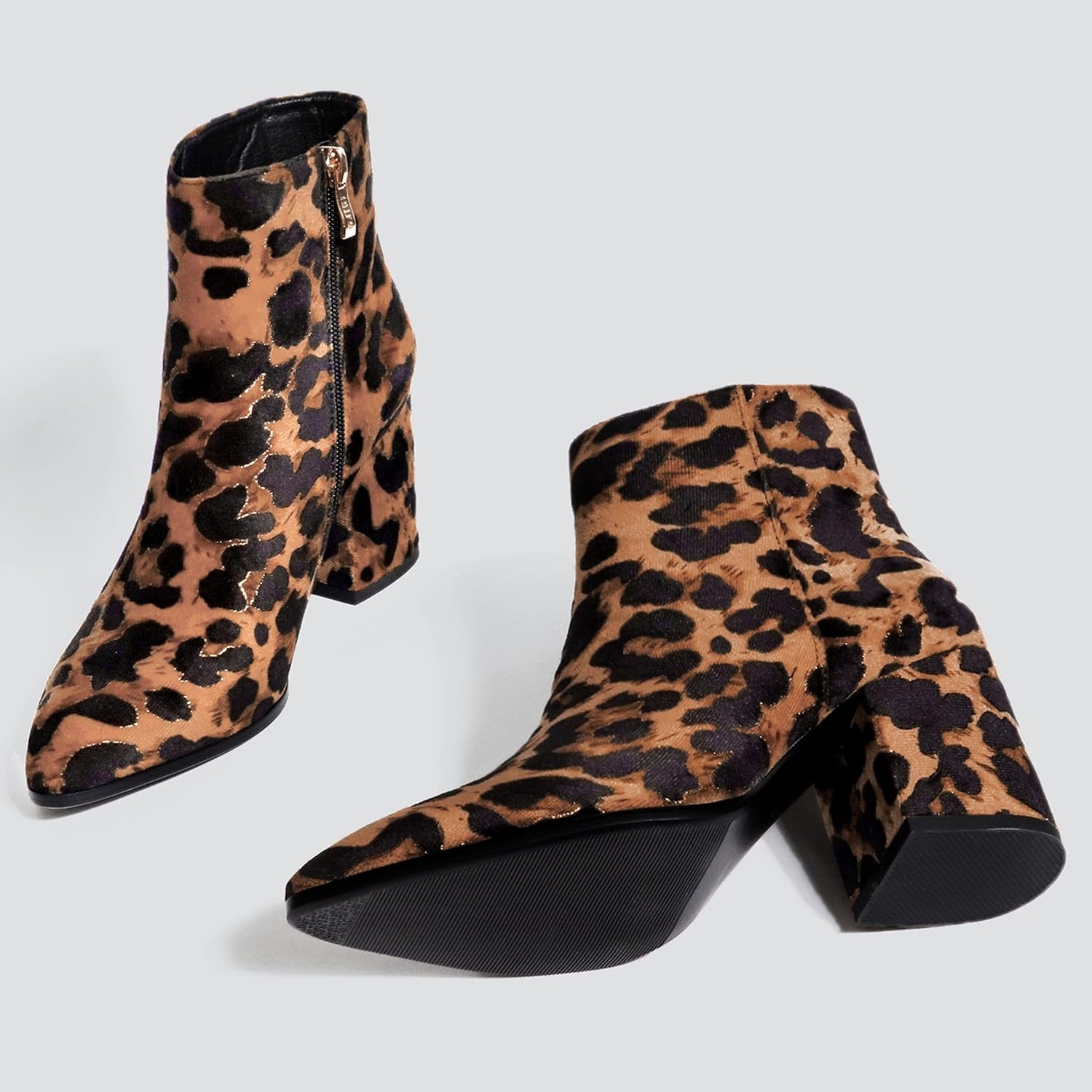 image:imageIDIFU Women Dress Ankle Boot with Low Chunky Heel Pointed Toe Side Zipper Bootie Shoe for Women Office Business Date WeddingLeopard Suede