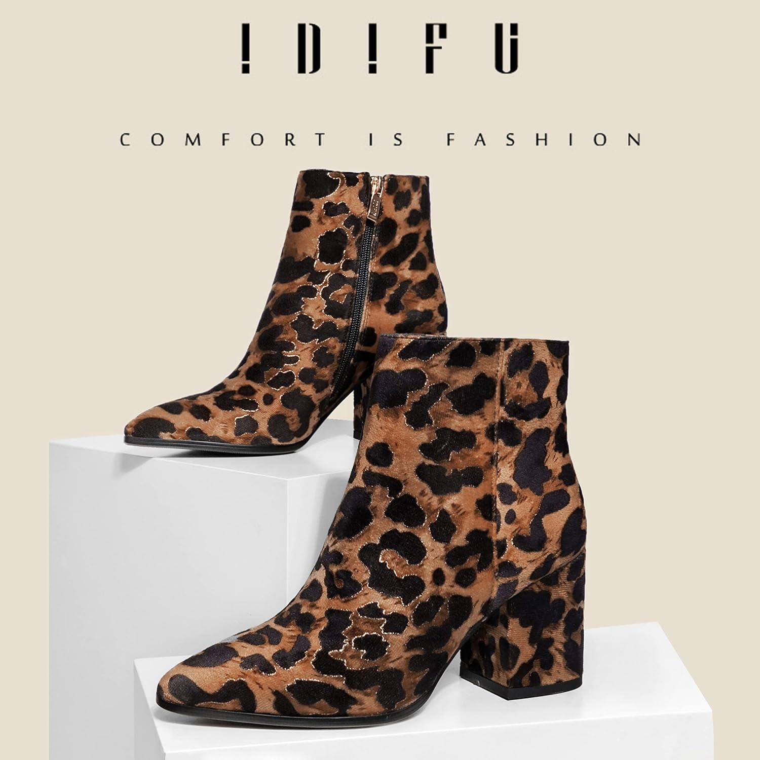 image:imageIDIFU Women Dress Ankle Boot with Low Chunky Heel Pointed Toe Side Zipper Bootie Shoe for Women Office Business Date WeddingLeopard Suede