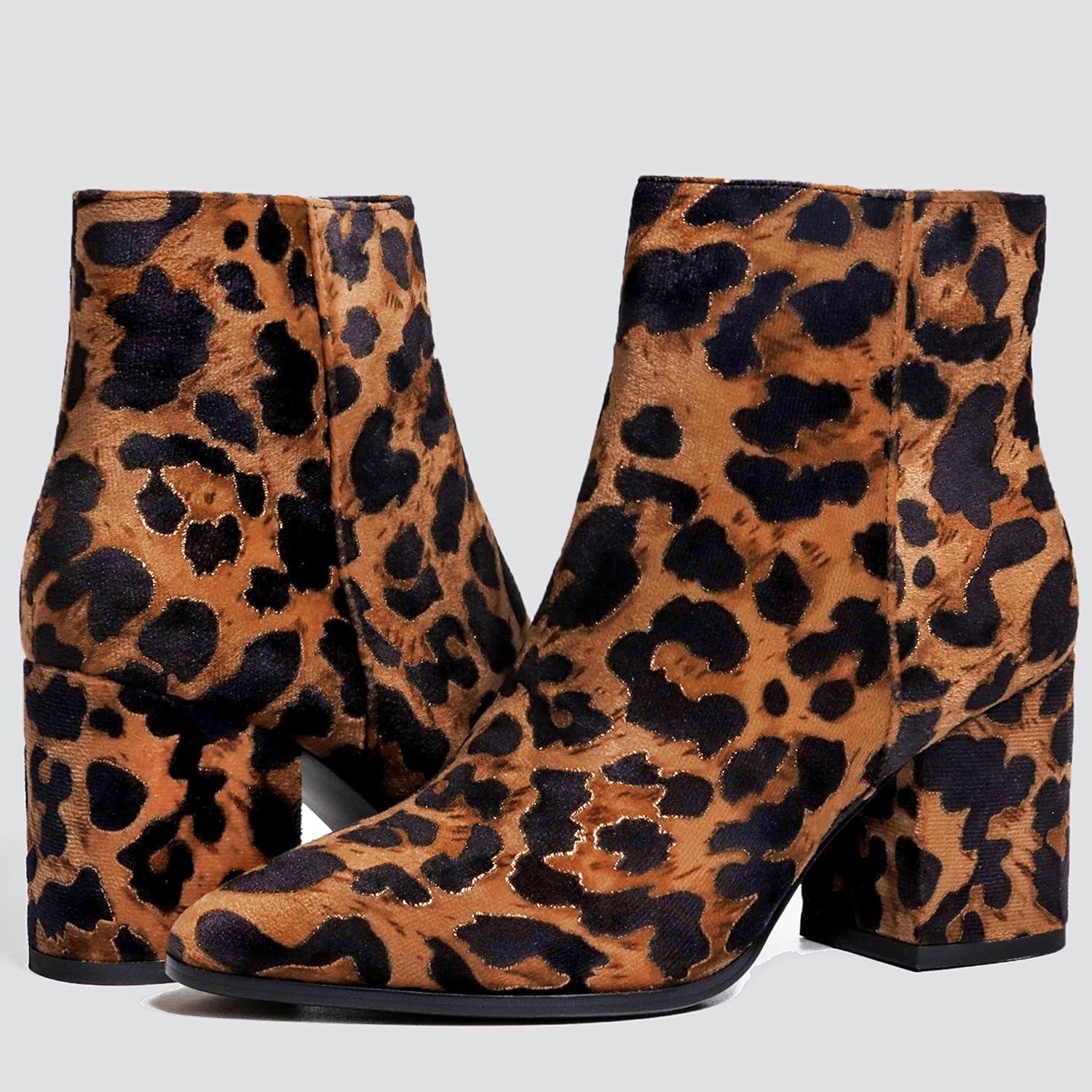 image:imageIDIFU Women Dress Ankle Boot with Low Chunky Heel Pointed Toe Side Zipper Bootie Shoe for Women Office Business Date WeddingLeopard Suede