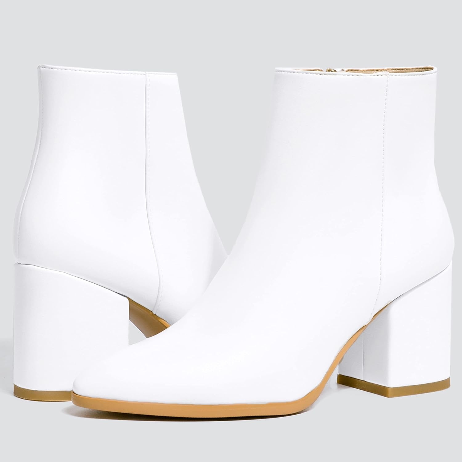 image:imageIDIFU Women Dress Ankle Boot with Low Chunky Heel Pointed Toe Side Zipper Bootie Shoe for Women Office Business Date WeddingWhite Pu