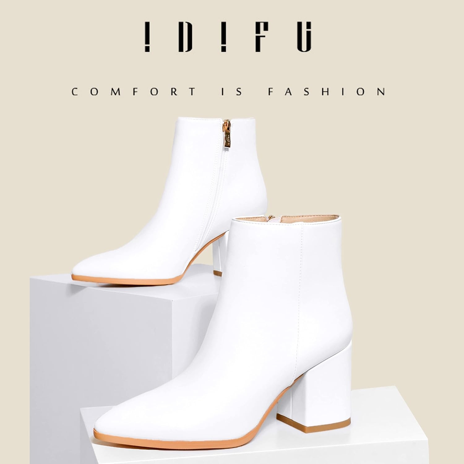 image:imageIDIFU Women Dress Ankle Boot with Low Chunky Heel Pointed Toe Side Zipper Bootie Shoe for Women Office Business Date WeddingWhite Pu