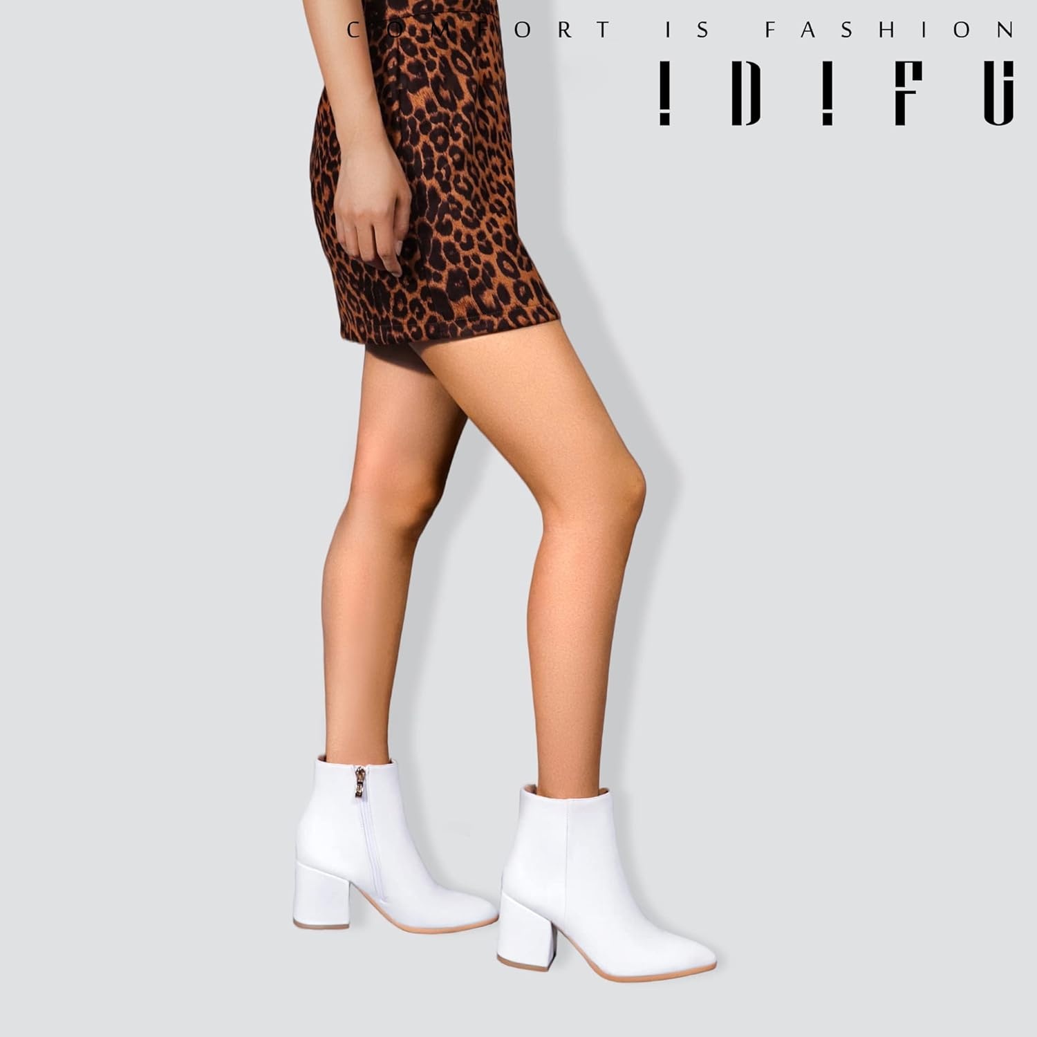 image:imageIDIFU Women Dress Ankle Boot with Low Chunky Heel Pointed Toe Side Zipper Bootie Shoe for Women Office Business Date WeddingWhite Pu