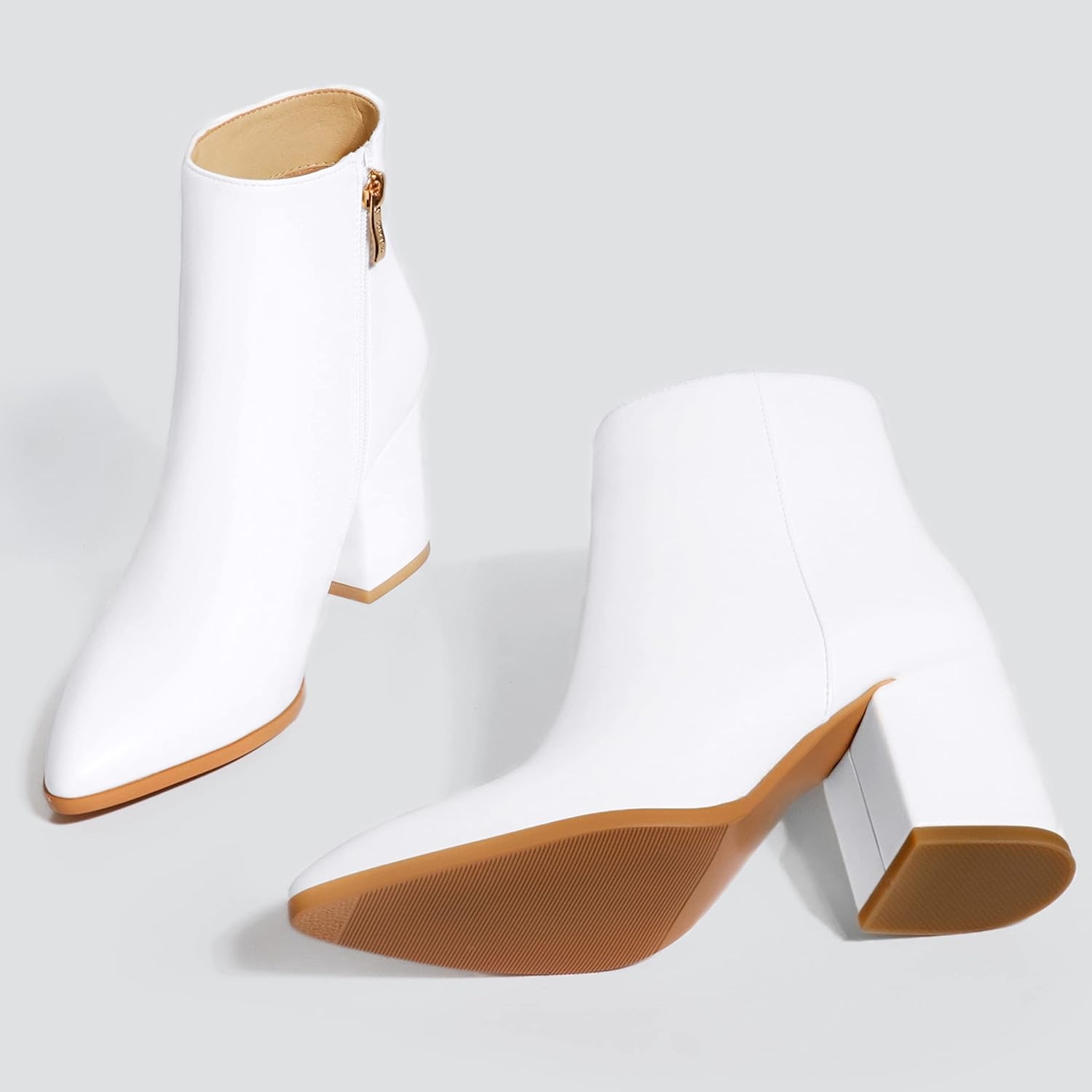 image:imageIDIFU Women Dress Ankle Boot with Low Chunky Heel Pointed Toe Side Zipper Bootie Shoe for Women Office Business Date WeddingWhite Pu