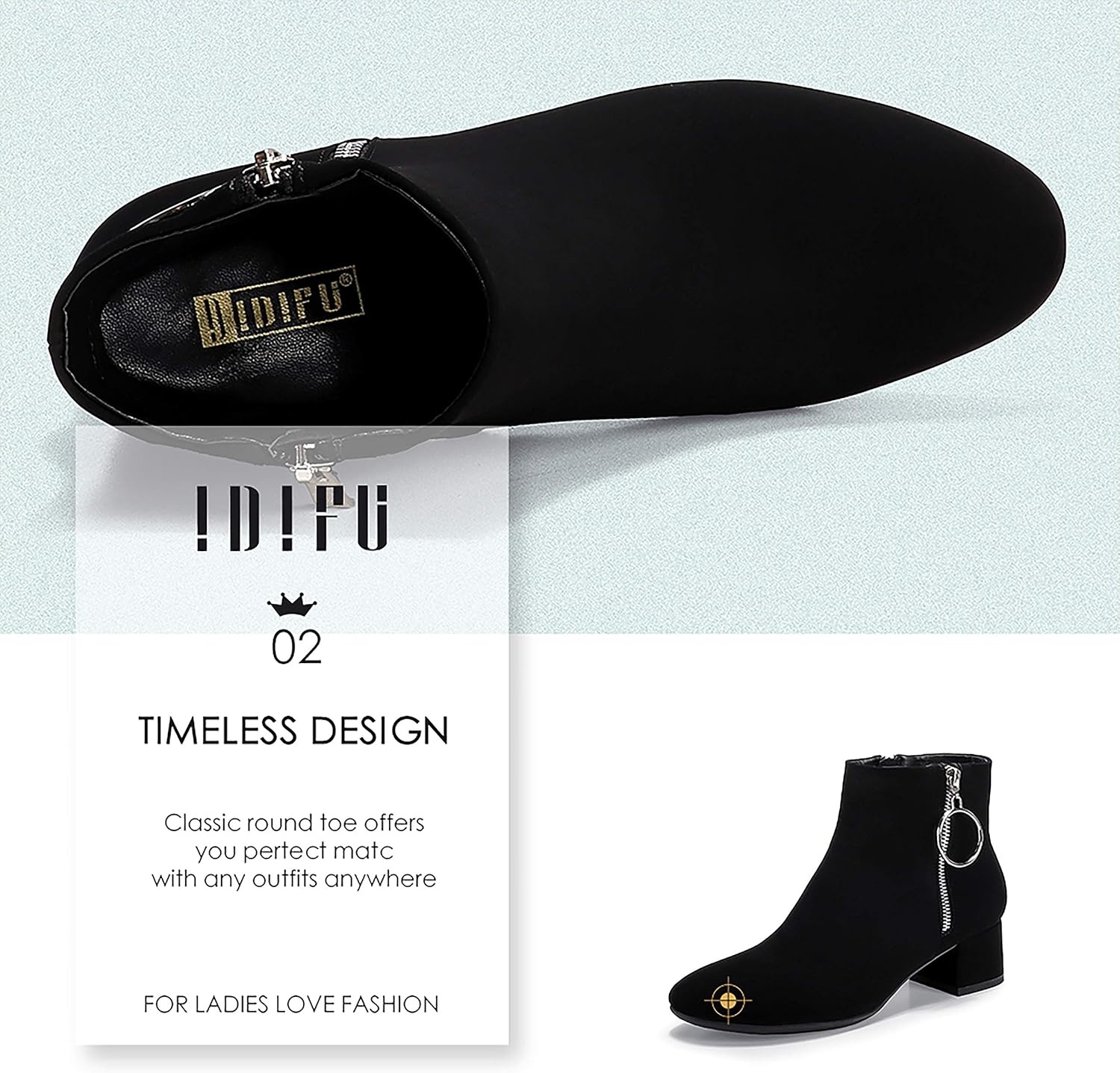 image:imageIDIFU Women Ring Zipper Ankle Boots 18 Inch Low Block Heels Round Toe Dress BootiesBlack Nubuck
