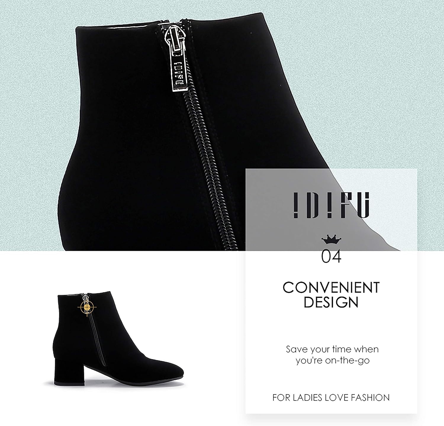 image:imageIDIFU Women Ring Zipper Ankle Boots 18 Inch Low Block Heels Round Toe Dress BootiesBlack Nubuck