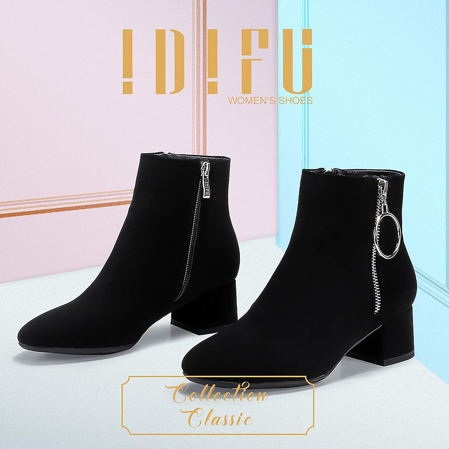 image:imageIDIFU Women Ring Zipper Ankle Boots 18 Inch Low Block Heels Round Toe Dress BootiesBlack Nubuck