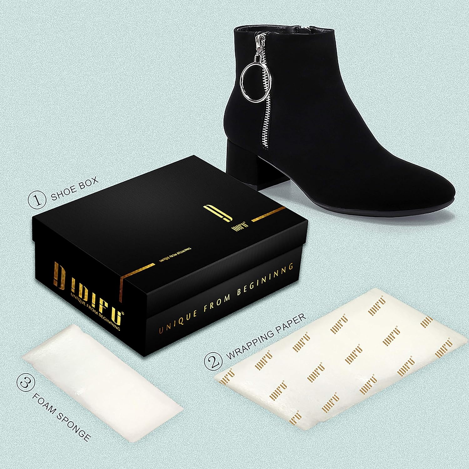 image:imageIDIFU Women Ring Zipper Ankle Boots 18 Inch Low Block Heels Round Toe Dress BootiesBlack Nubuck
