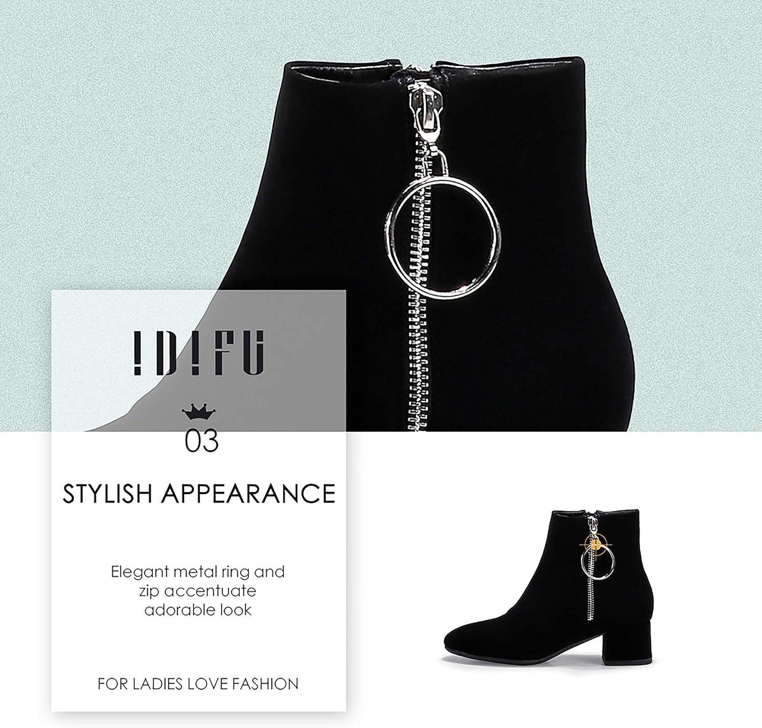 image:imageIDIFU Women Ring Zipper Ankle Boots 18 Inch Low Block Heels Round Toe Dress BootiesBlack Nubuck