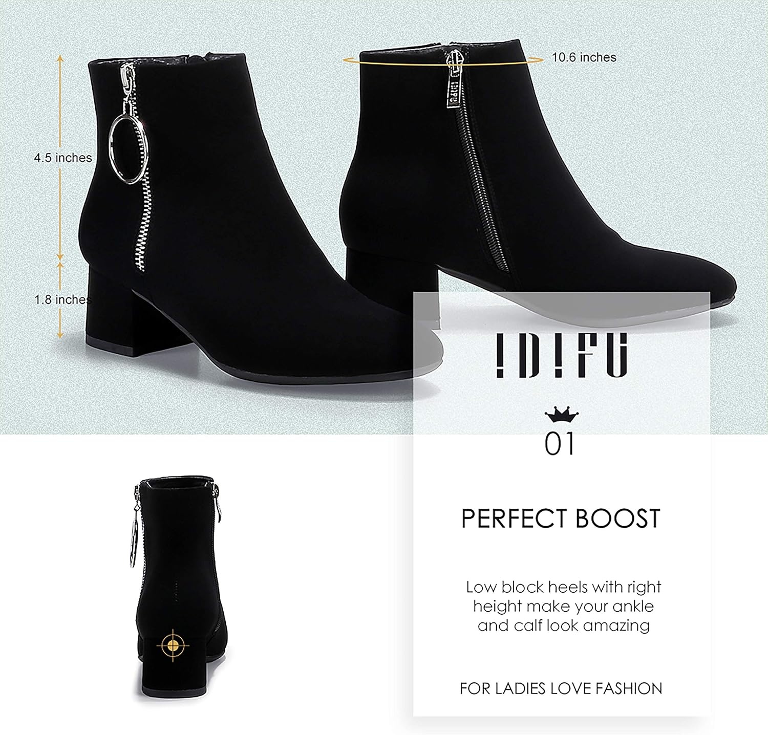 image:imageIDIFU Women Ring Zipper Ankle Boots 18 Inch Low Block Heels Round Toe Dress BootiesBlack Nubuck