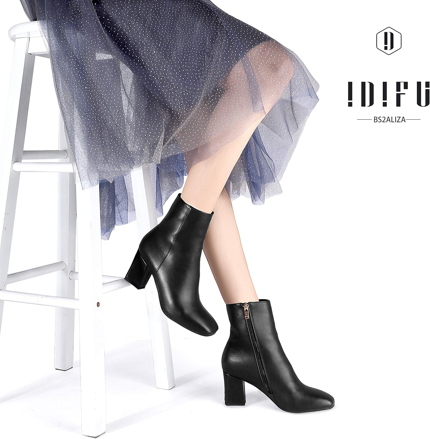 image:imageIDIFU Womens Aliza Fashion Square Toe Short Boots Side Zipper Low Block Heel Ankle BootiesBlack Pu
