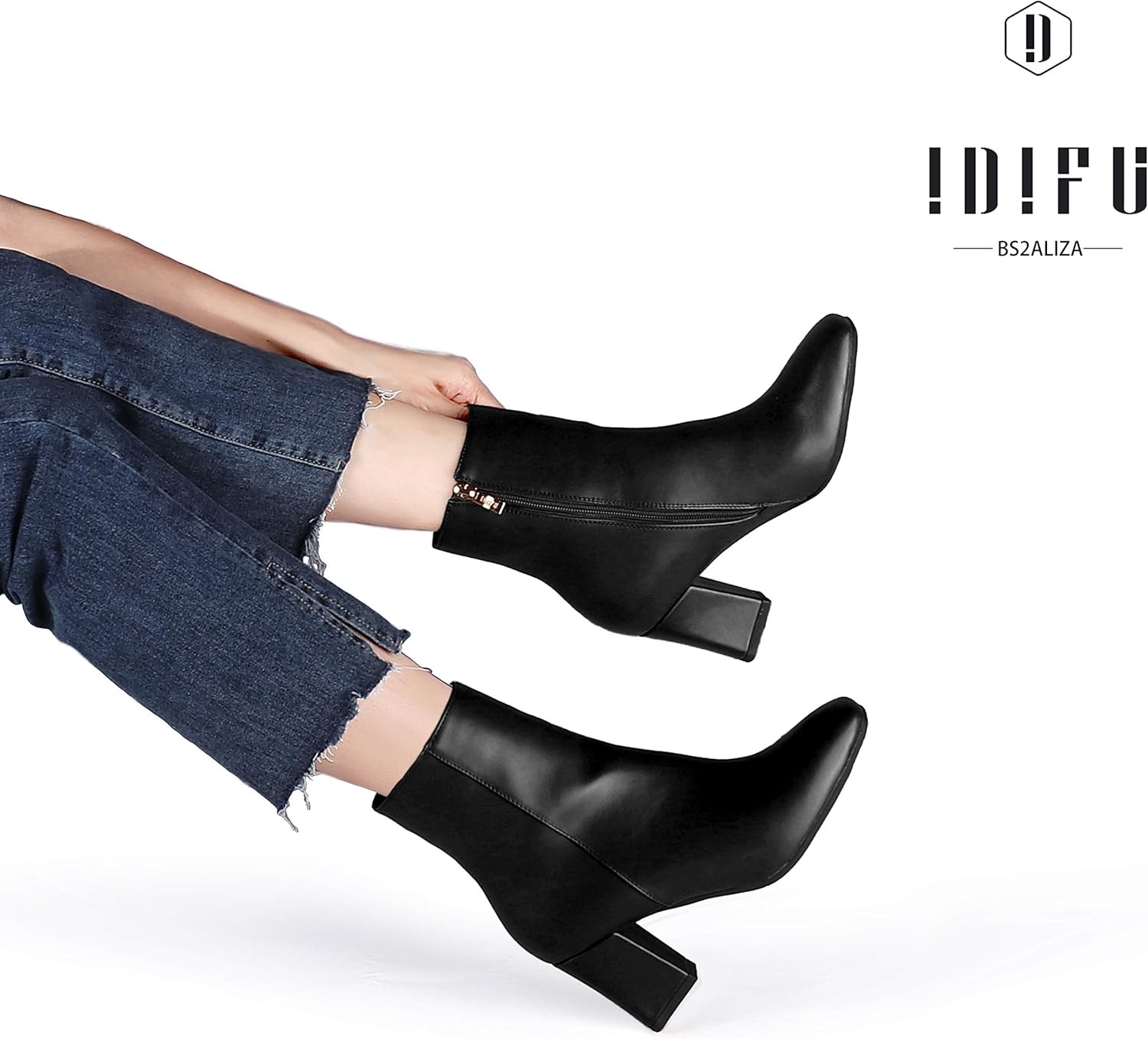 image:imageIDIFU Womens Aliza Fashion Square Toe Short Boots Side Zipper Low Block Heel Ankle BootiesBlack Pu