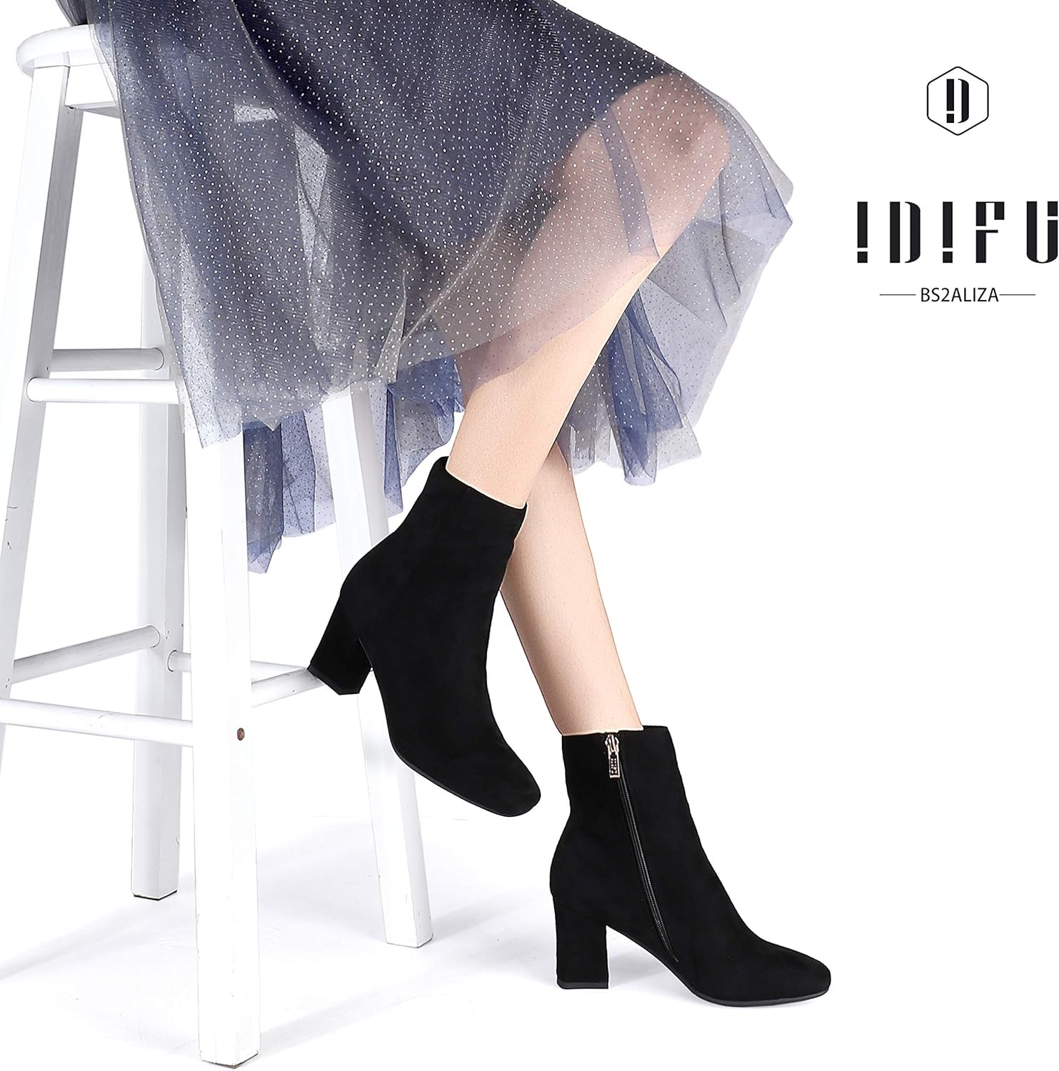 image:imageIDIFU Womens Aliza Fashion Square Toe Short Boots Side Zipper Low Block Heel Ankle BootiesBlack Suede