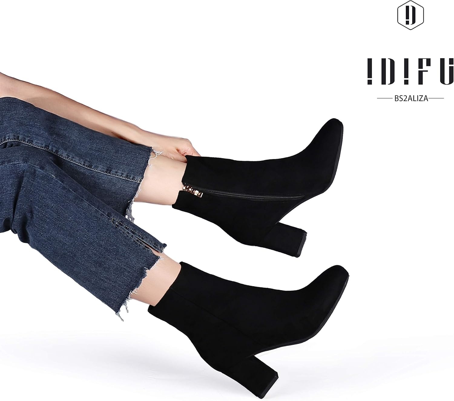 image:imageIDIFU Womens Aliza Fashion Square Toe Short Boots Side Zipper Low Block Heel Ankle BootiesBlack Suede