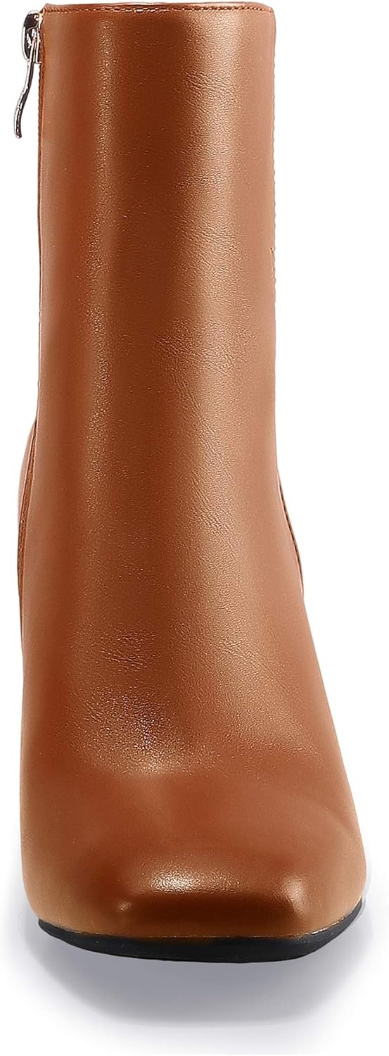 image:imageIDIFU Womens Aliza Fashion Square Toe Short Boots Side Zipper Low Block Heel Ankle BootiesBrown Pu