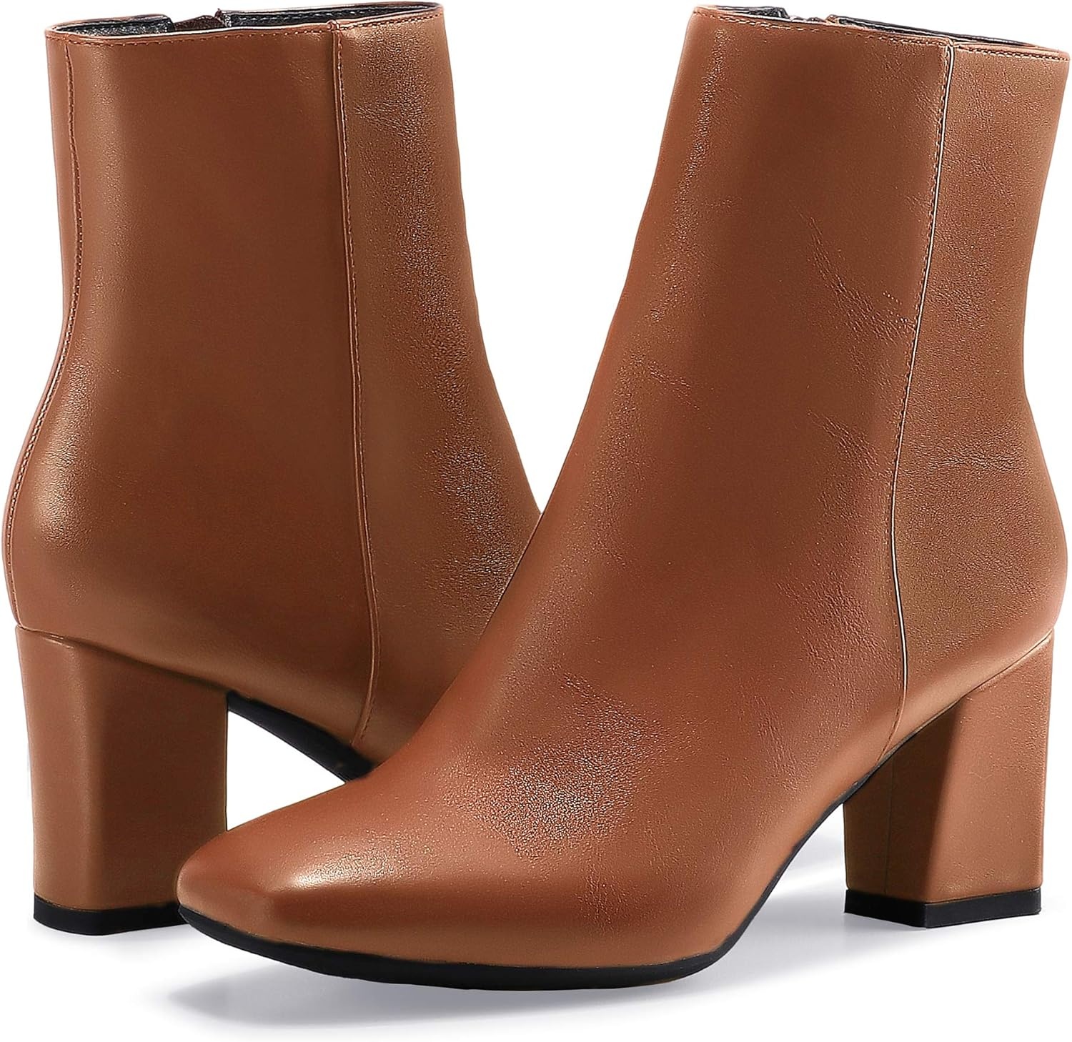 image:imageIDIFU Womens Aliza Fashion Square Toe Short Boots Side Zipper Low Block Heel Ankle BootiesBrown Pu