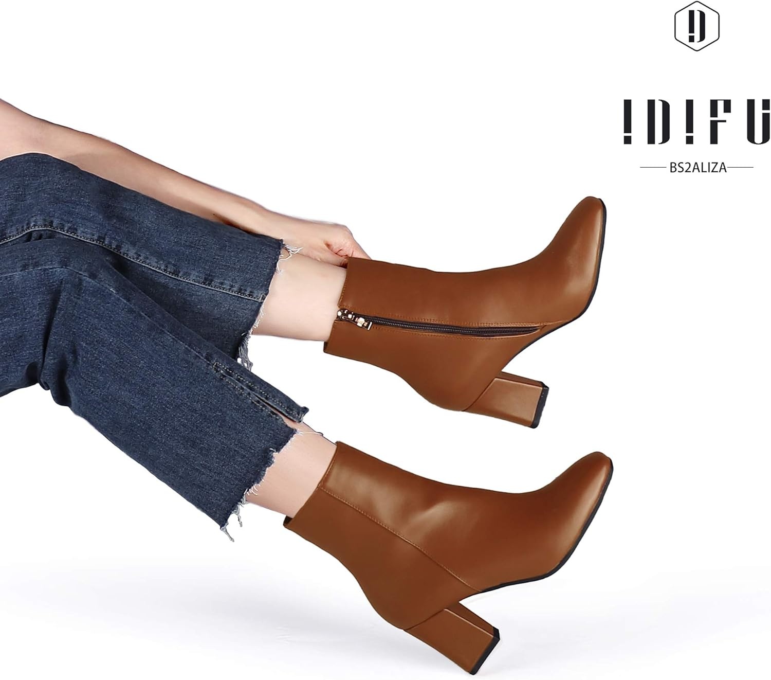 image:imageIDIFU Womens Aliza Fashion Square Toe Short Boots Side Zipper Low Block Heel Ankle BootiesBrown Pu