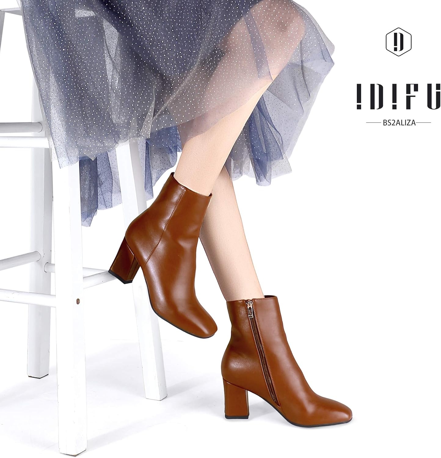 image:imageIDIFU Womens Aliza Fashion Square Toe Short Boots Side Zipper Low Block Heel Ankle BootiesBrown Pu