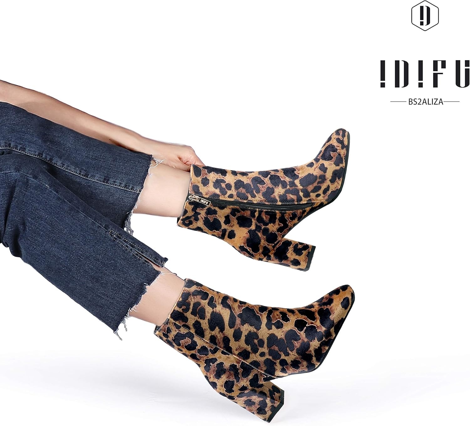 image:imageIDIFU Womens Aliza Fashion Square Toe Short Boots Side Zipper Low Block Heel Ankle BootiesLeopard Suede