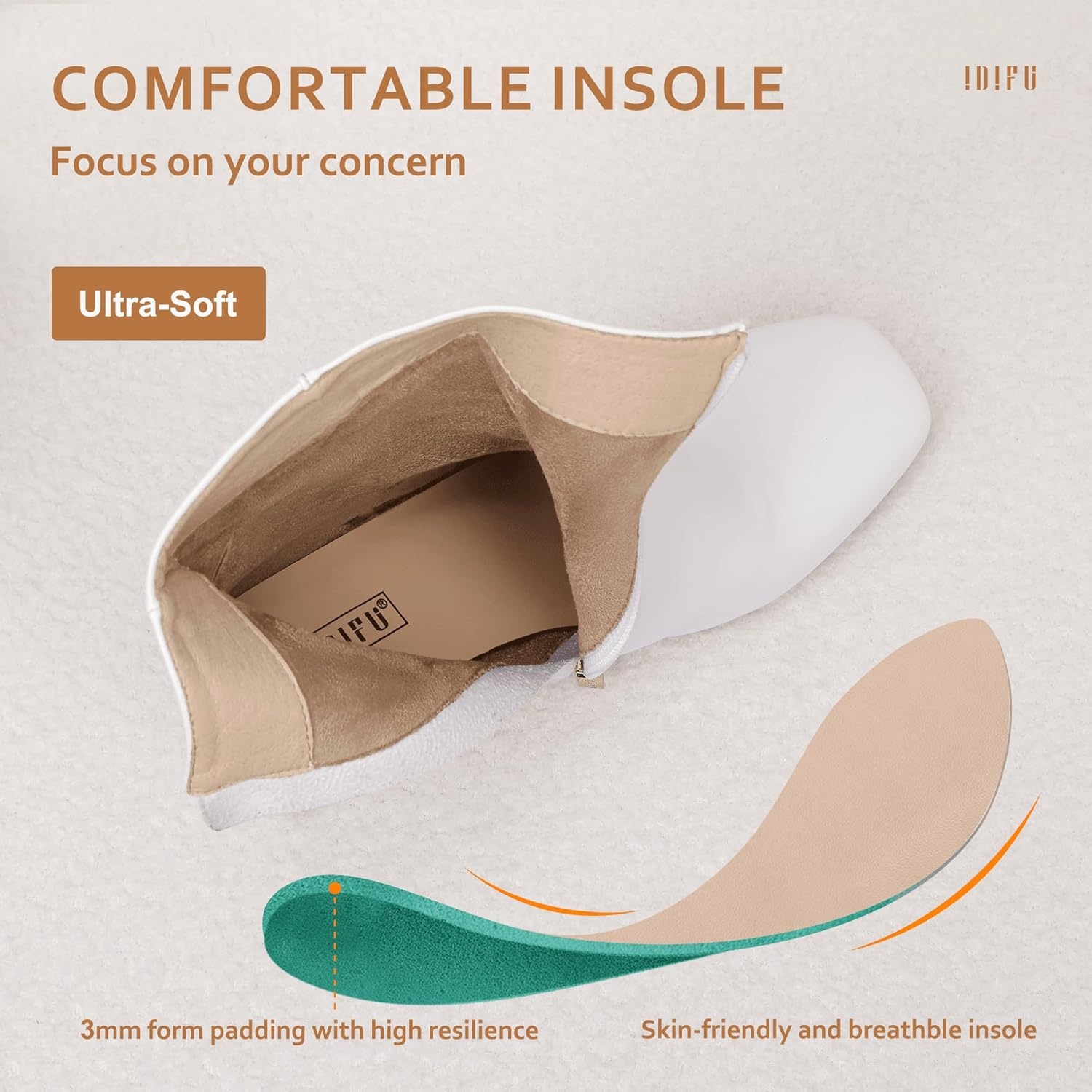 image:imageIDIFU Womens Aliza Fashion Square Toe Short Boots Side Zipper Low Block Heel Ankle BootiesWhite Pu