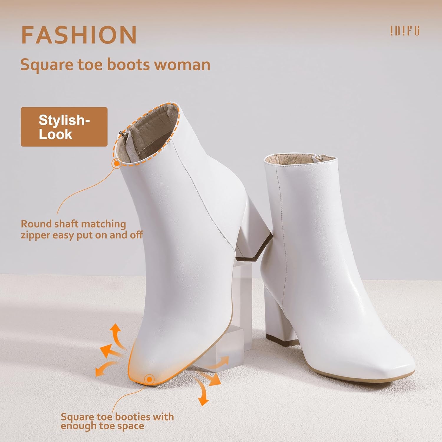image:imageIDIFU Womens Aliza Fashion Square Toe Short Boots Side Zipper Low Block Heel Ankle BootiesWhite Pu