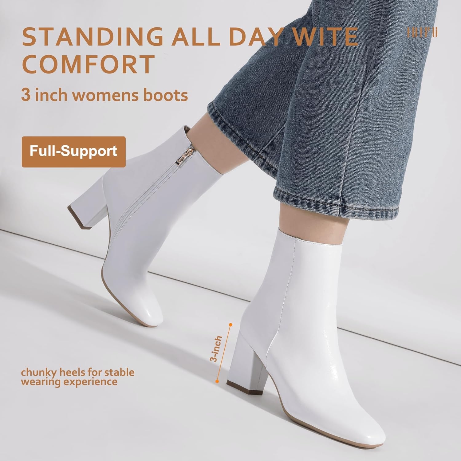 image:imageIDIFU Womens Aliza Fashion Square Toe Short Boots Side Zipper Low Block Heel Ankle BootiesWhite Pu