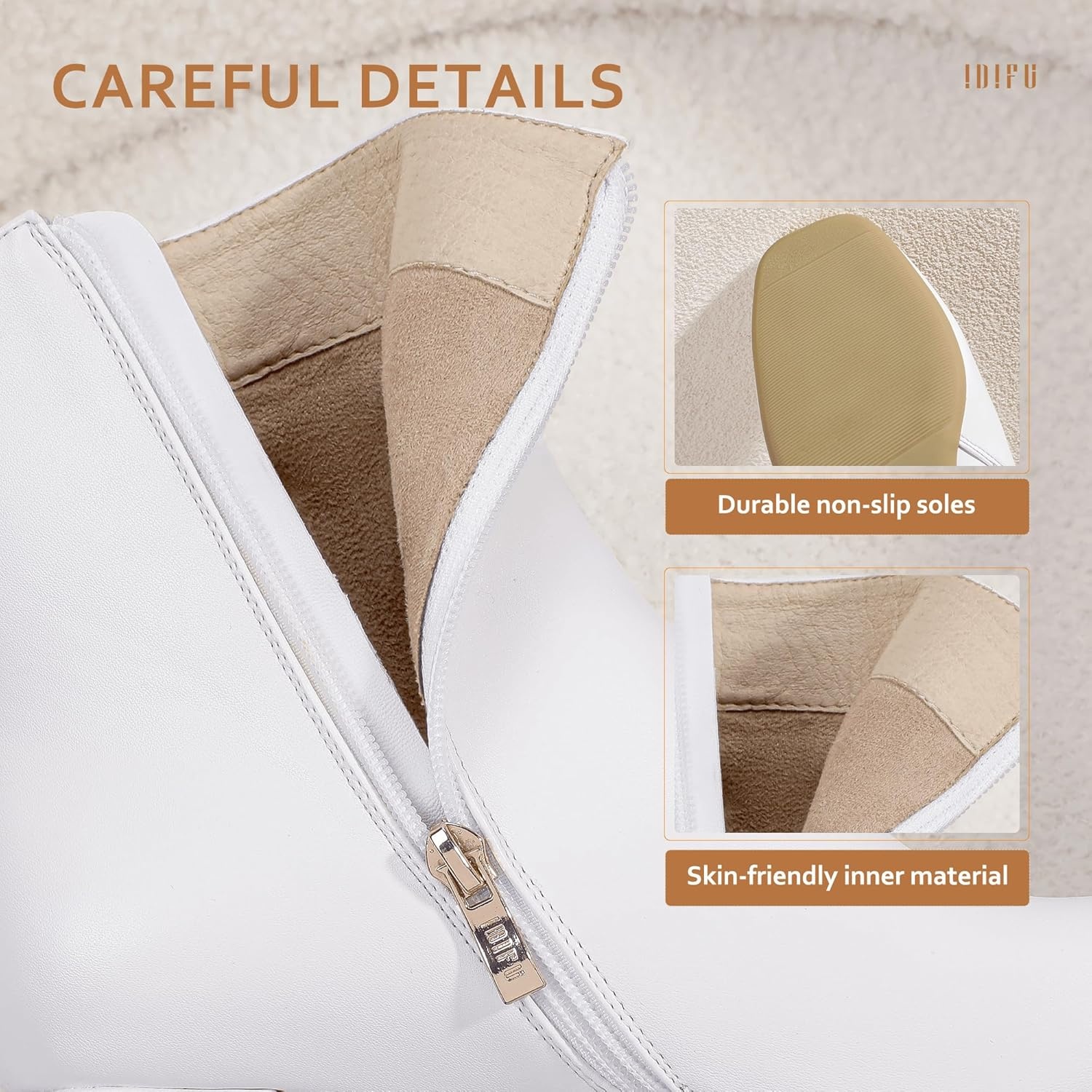 image:imageIDIFU Womens Aliza Fashion Square Toe Short Boots Side Zipper Low Block Heel Ankle BootiesWhite Pu