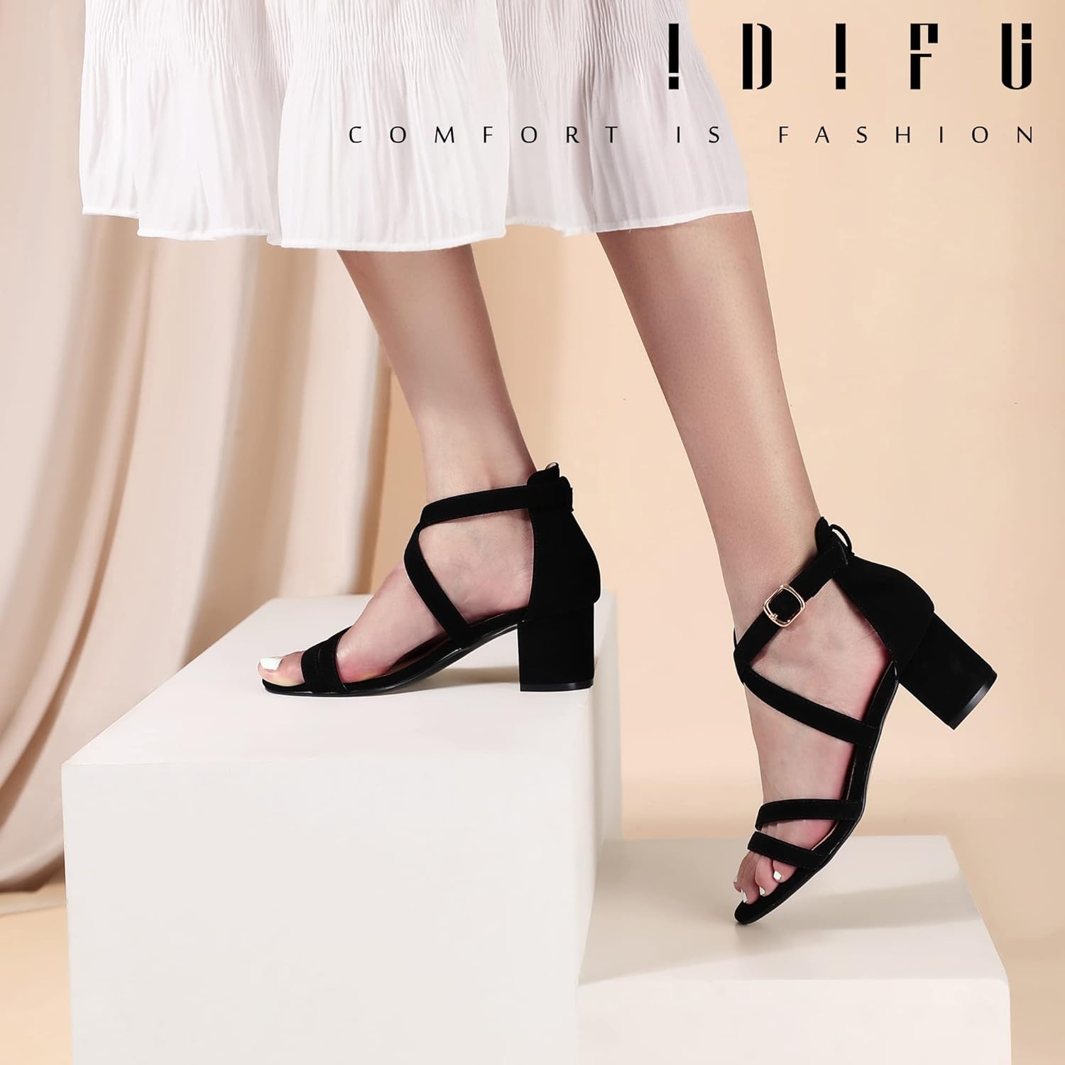 image:imageIDIFU Womens Block Low Chunky Heel Strappy Sandals Open Toe Ankle Strap Dress Wedding Evening Shoe for Women BridalBlack Nubuck
