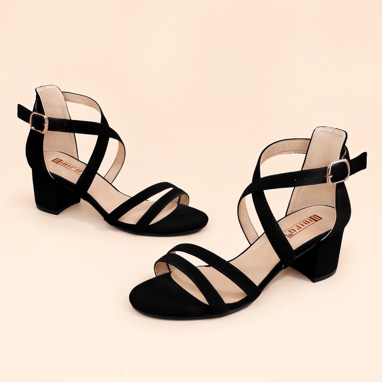 image:imageIDIFU Womens Block Low Chunky Heel Strappy Sandals Open Toe Ankle Strap Dress Wedding Evening Shoe for Women BridalBlack Nubuck