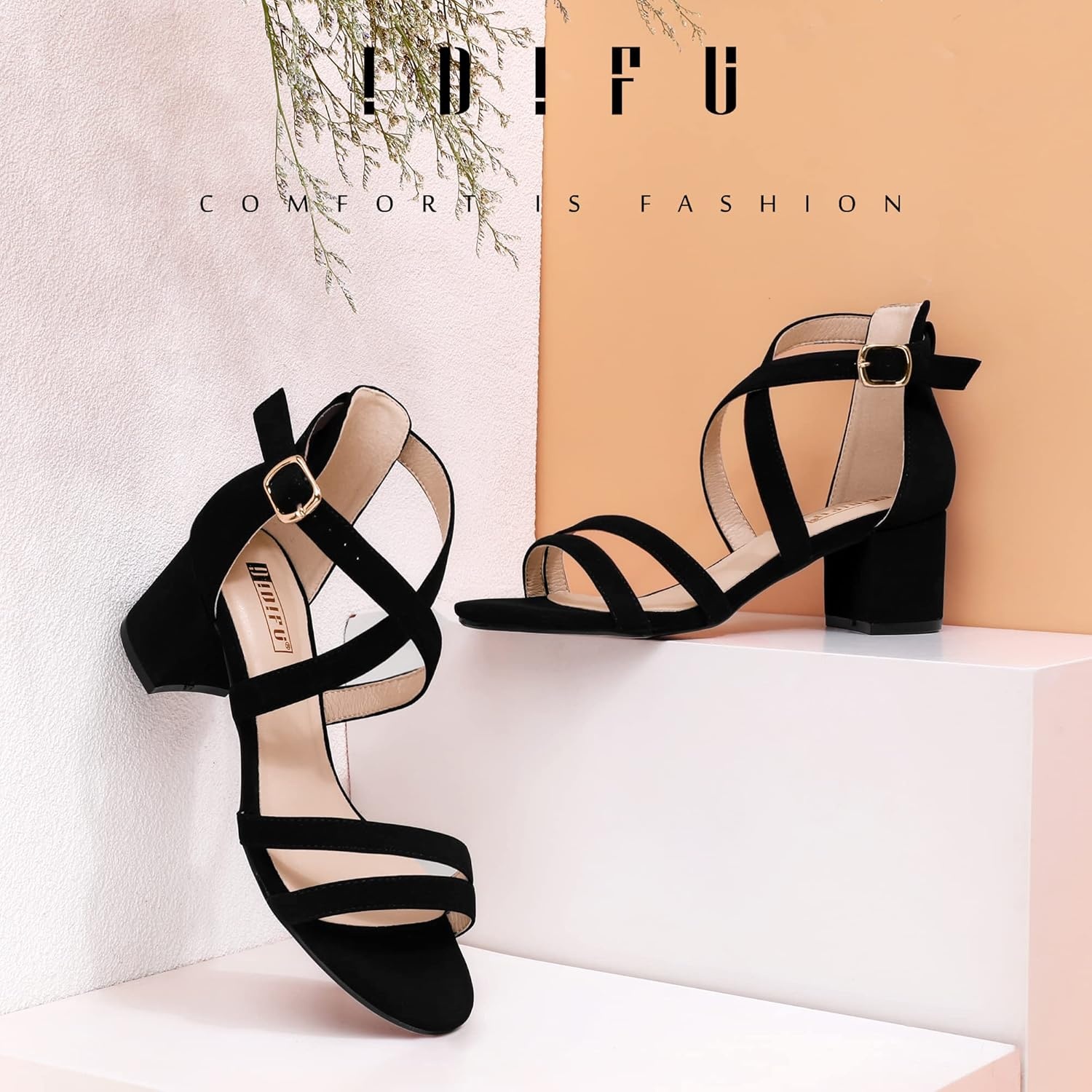 image:imageIDIFU Womens Block Low Chunky Heel Strappy Sandals Open Toe Ankle Strap Dress Wedding Evening Shoe for Women BridalBlack Nubuck