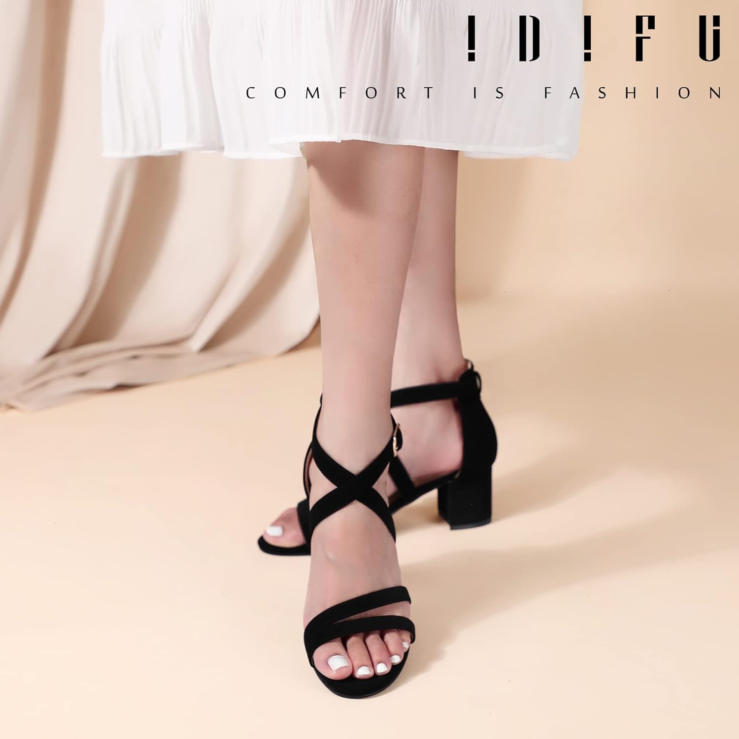 image:imageIDIFU Womens Block Low Chunky Heel Strappy Sandals Open Toe Ankle Strap Dress Wedding Evening Shoe for Women BridalBlack Nubuck