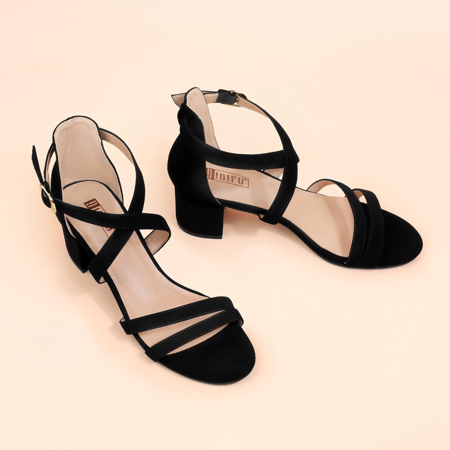 image:imageIDIFU Womens Block Low Chunky Heel Strappy Sandals Open Toe Ankle Strap Dress Wedding Evening Shoe for Women BridalBlack Nubuck
