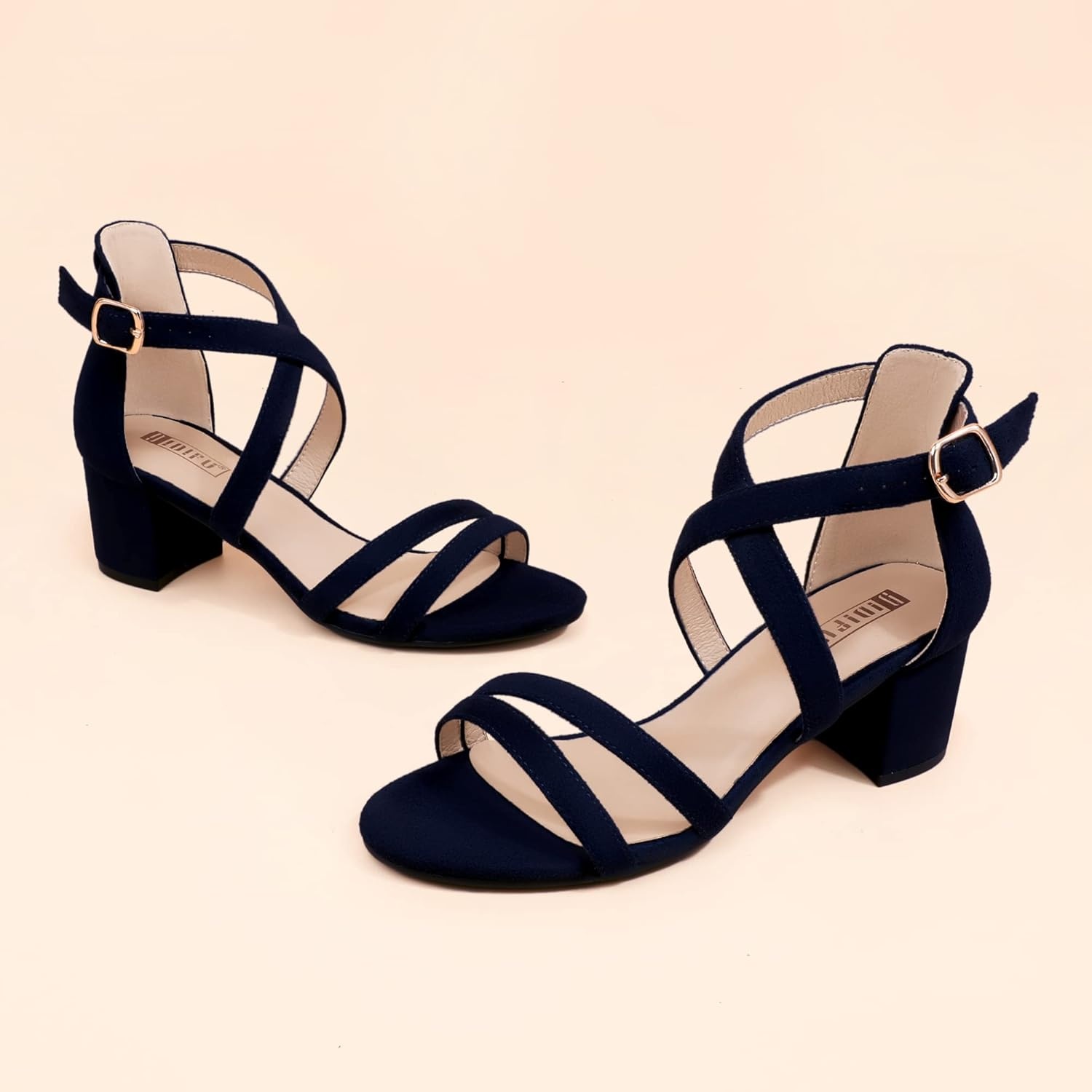 image:imageIDIFU Womens Block Low Chunky Heel Strappy Sandals Open Toe Ankle Strap Dress Wedding Evening Shoe for Women BridalBlue Suede