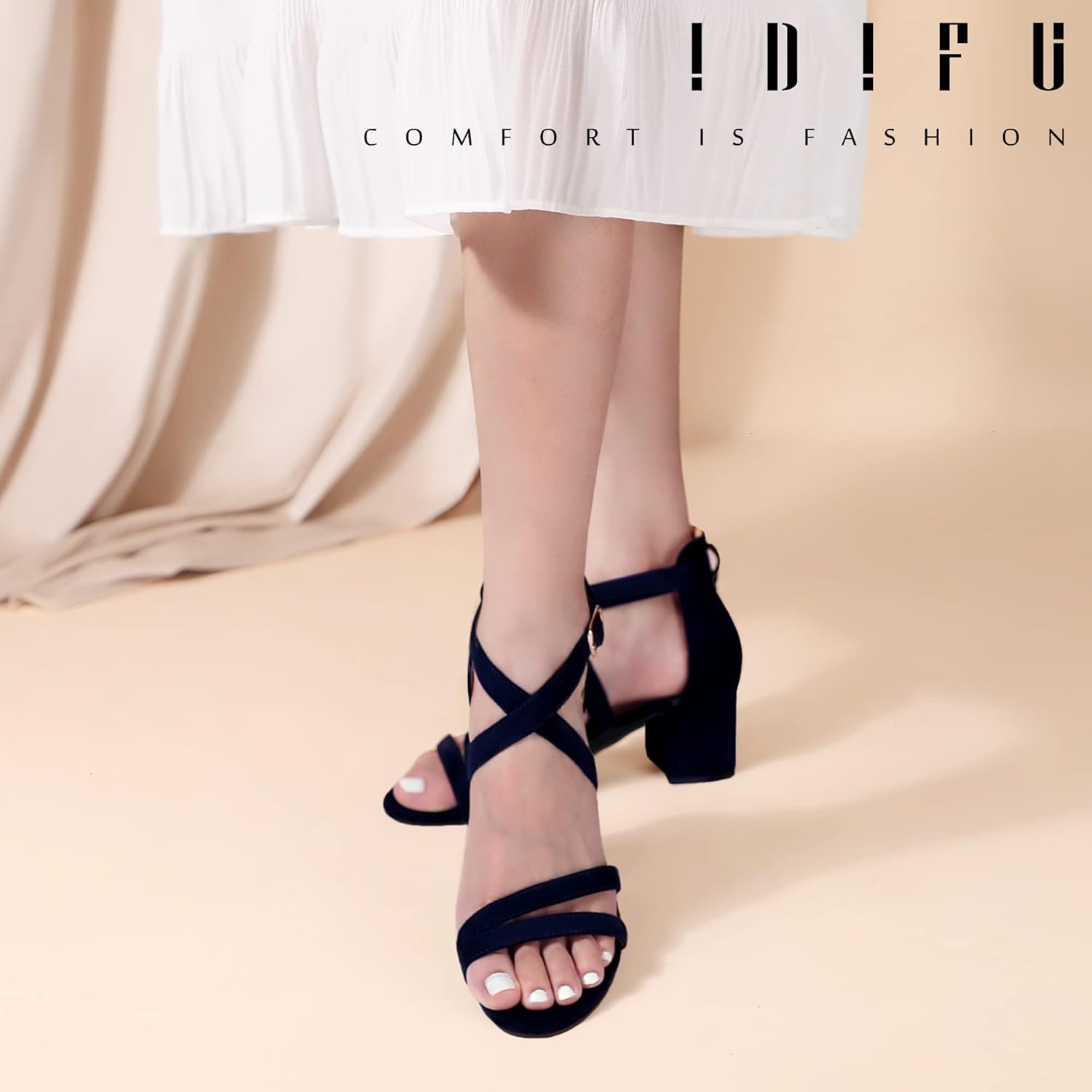 image:imageIDIFU Womens Block Low Chunky Heel Strappy Sandals Open Toe Ankle Strap Dress Wedding Evening Shoe for Women BridalBlue Suede