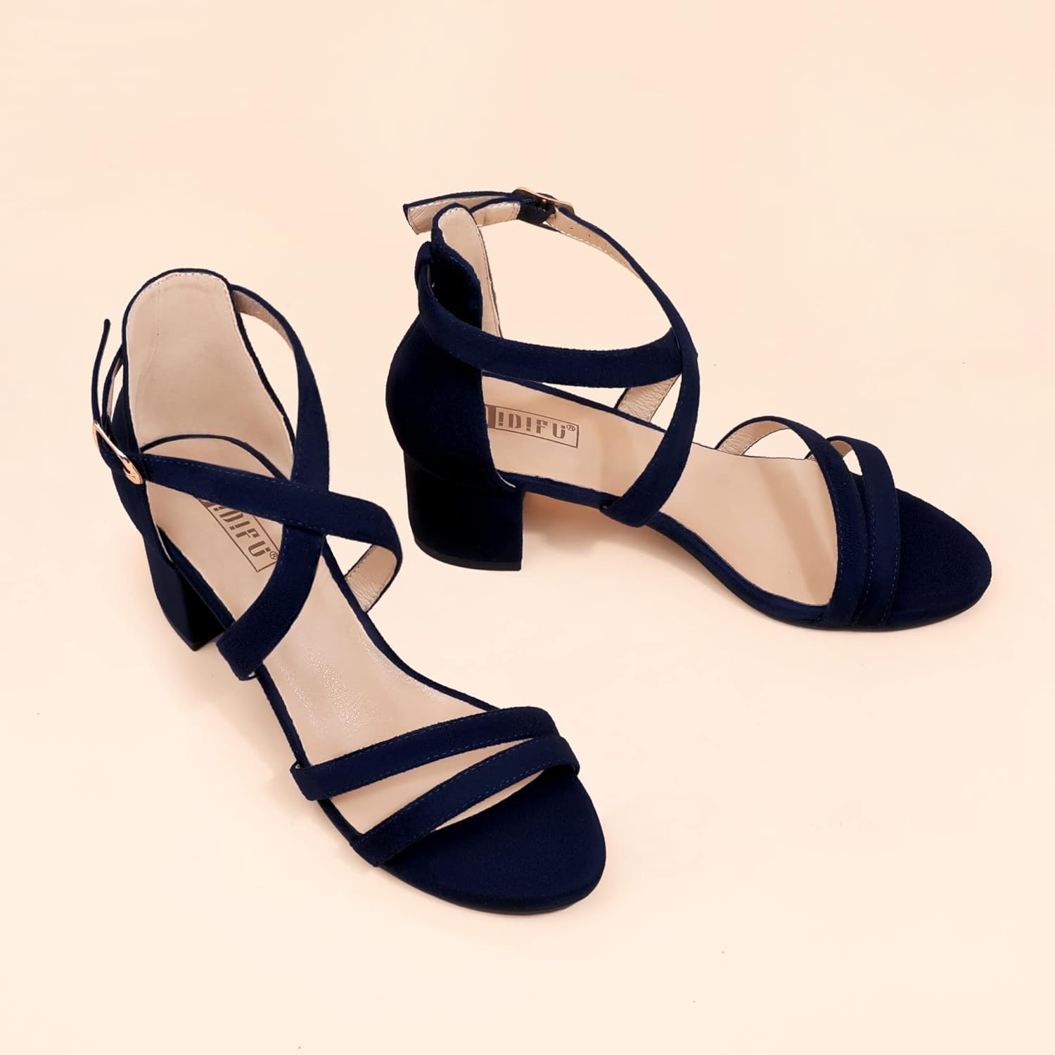 image:imageIDIFU Womens Block Low Chunky Heel Strappy Sandals Open Toe Ankle Strap Dress Wedding Evening Shoe for Women BridalBlue Suede