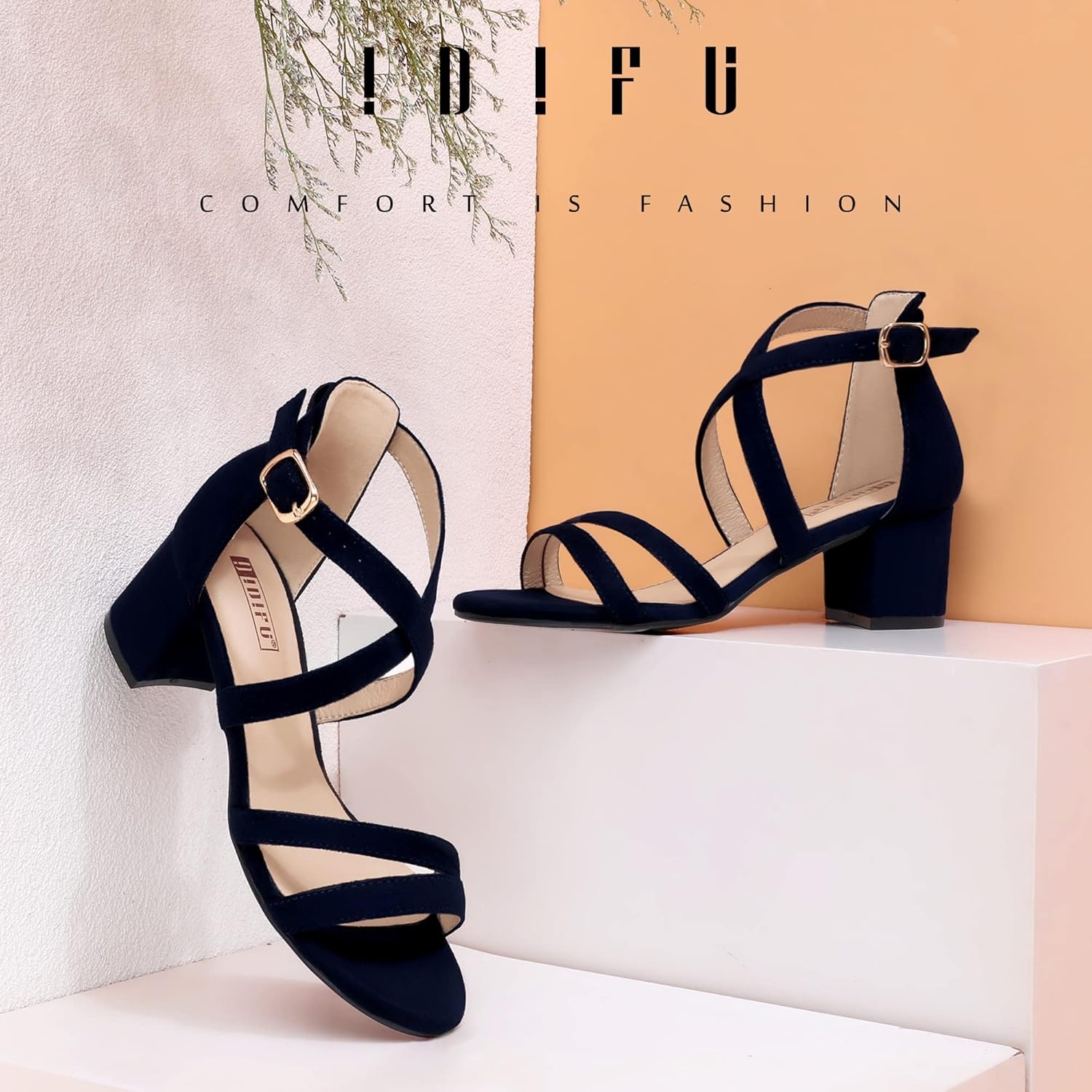 image:imageIDIFU Womens Block Low Chunky Heel Strappy Sandals Open Toe Ankle Strap Dress Wedding Evening Shoe for Women BridalBlue Suede