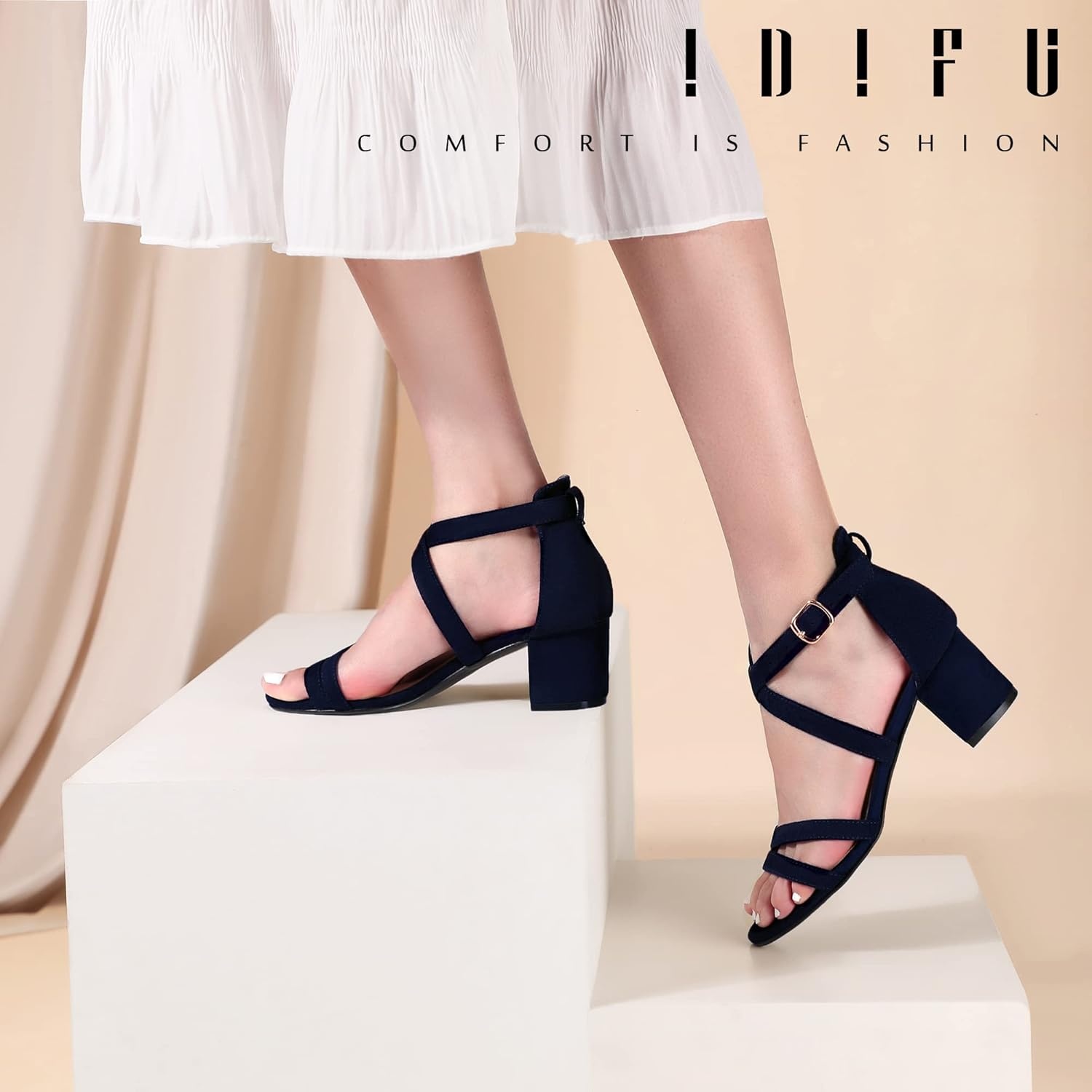 image:imageIDIFU Womens Block Low Chunky Heel Strappy Sandals Open Toe Ankle Strap Dress Wedding Evening Shoe for Women BridalBlue Suede