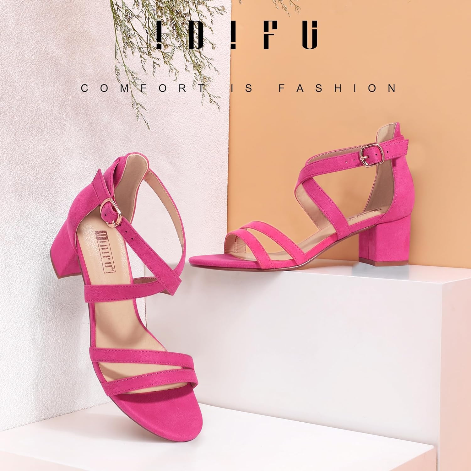 image:imageIDIFU Womens Block Low Chunky Heel Strappy Sandals Open Toe Ankle Strap Dress Wedding Evening Shoe for Women BridalHot Pink Suede