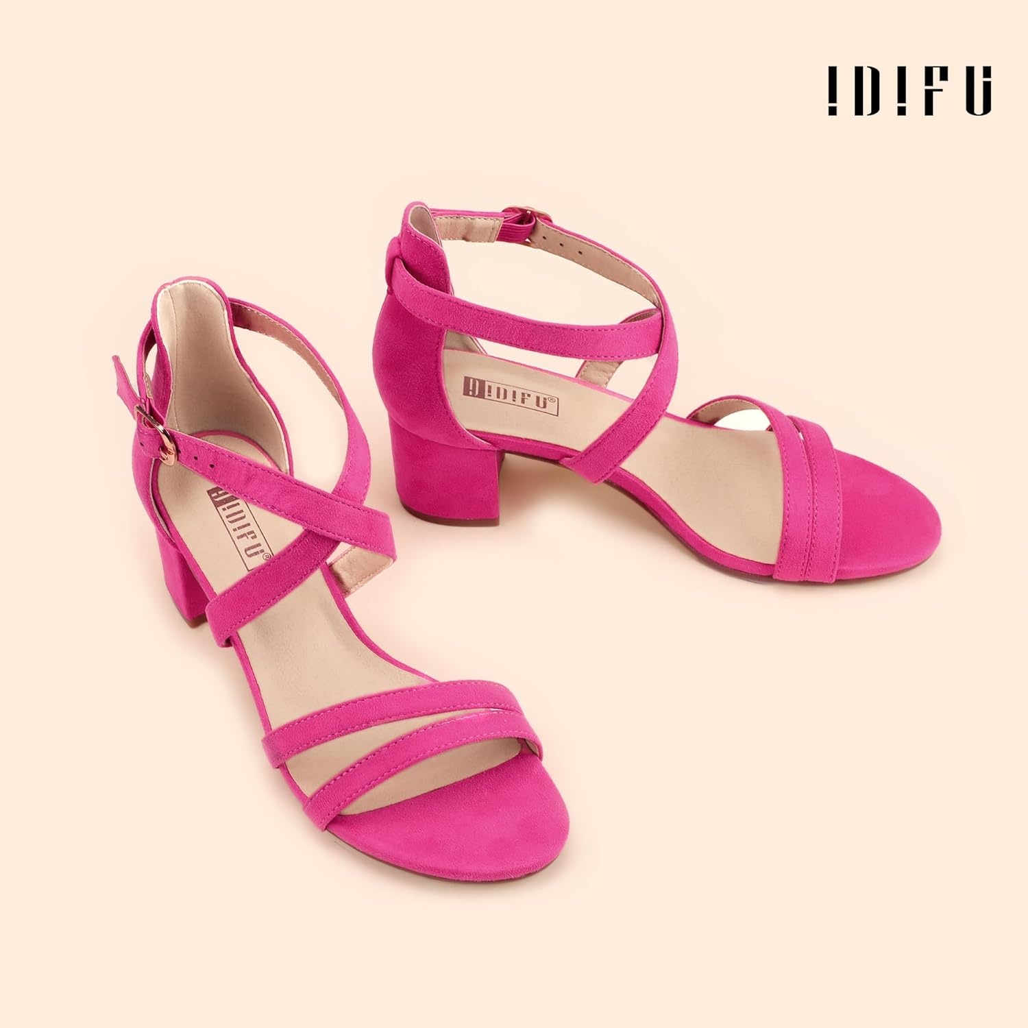 image:imageIDIFU Womens Block Low Chunky Heel Strappy Sandals Open Toe Ankle Strap Dress Wedding Evening Shoe for Women BridalHot Pink Suede