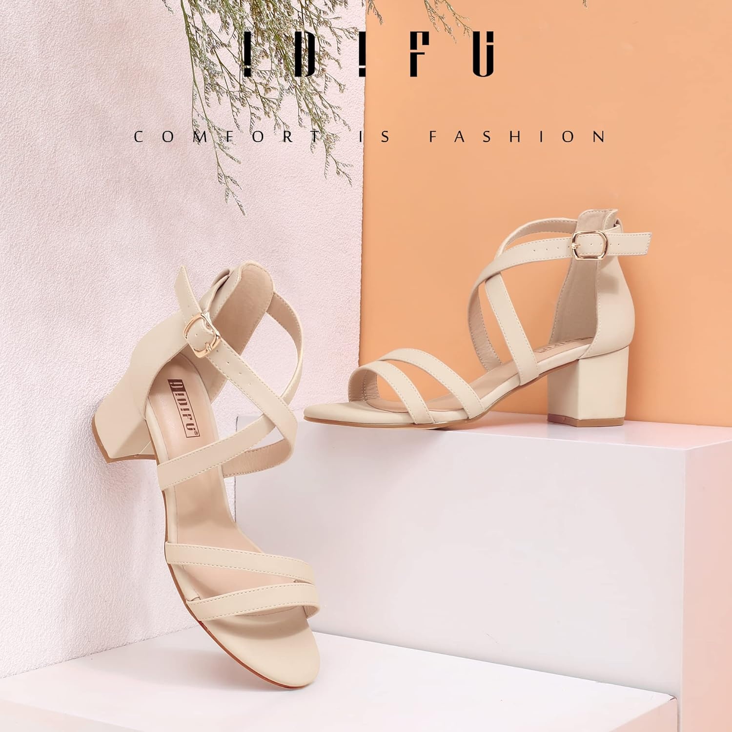 image:imageIDIFU Womens Block Low Chunky Heel Strappy Sandals Open Toe Ankle Strap Dress Wedding Evening Shoe for Women BridalNude Nubuck