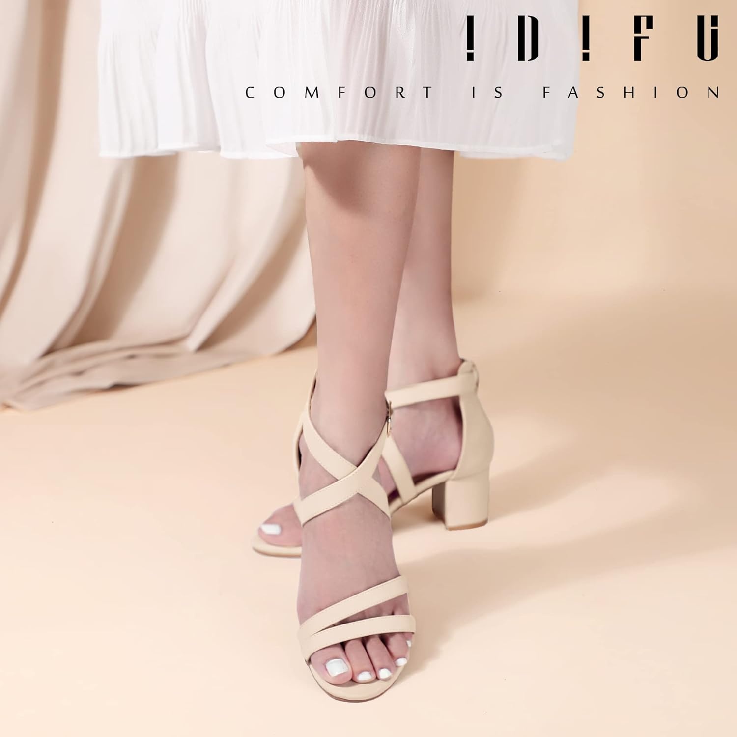 image:imageIDIFU Womens Block Low Chunky Heel Strappy Sandals Open Toe Ankle Strap Dress Wedding Evening Shoe for Women BridalNude Nubuck