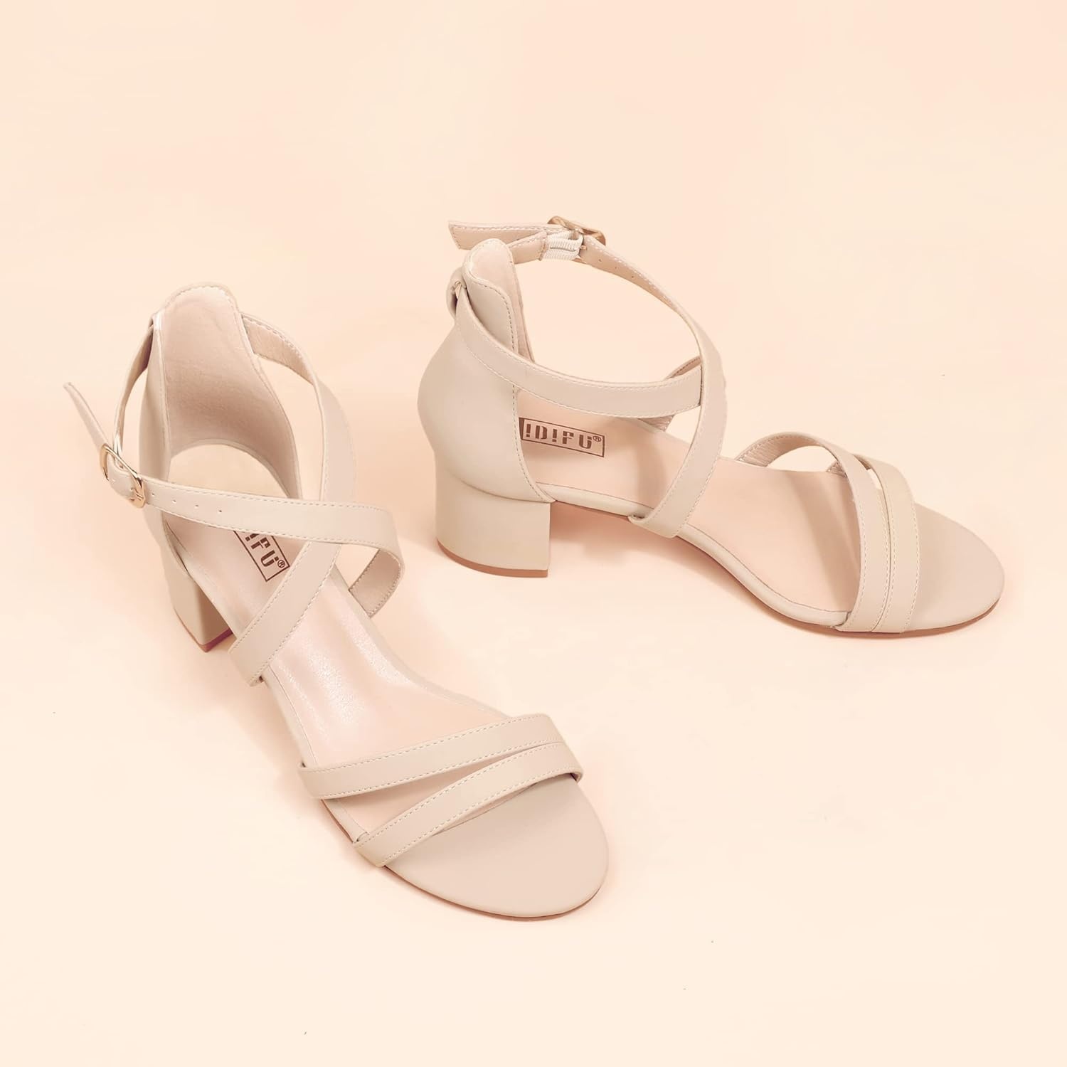 image:imageIDIFU Womens Block Low Chunky Heel Strappy Sandals Open Toe Ankle Strap Dress Wedding Evening Shoe for Women BridalNude Nubuck