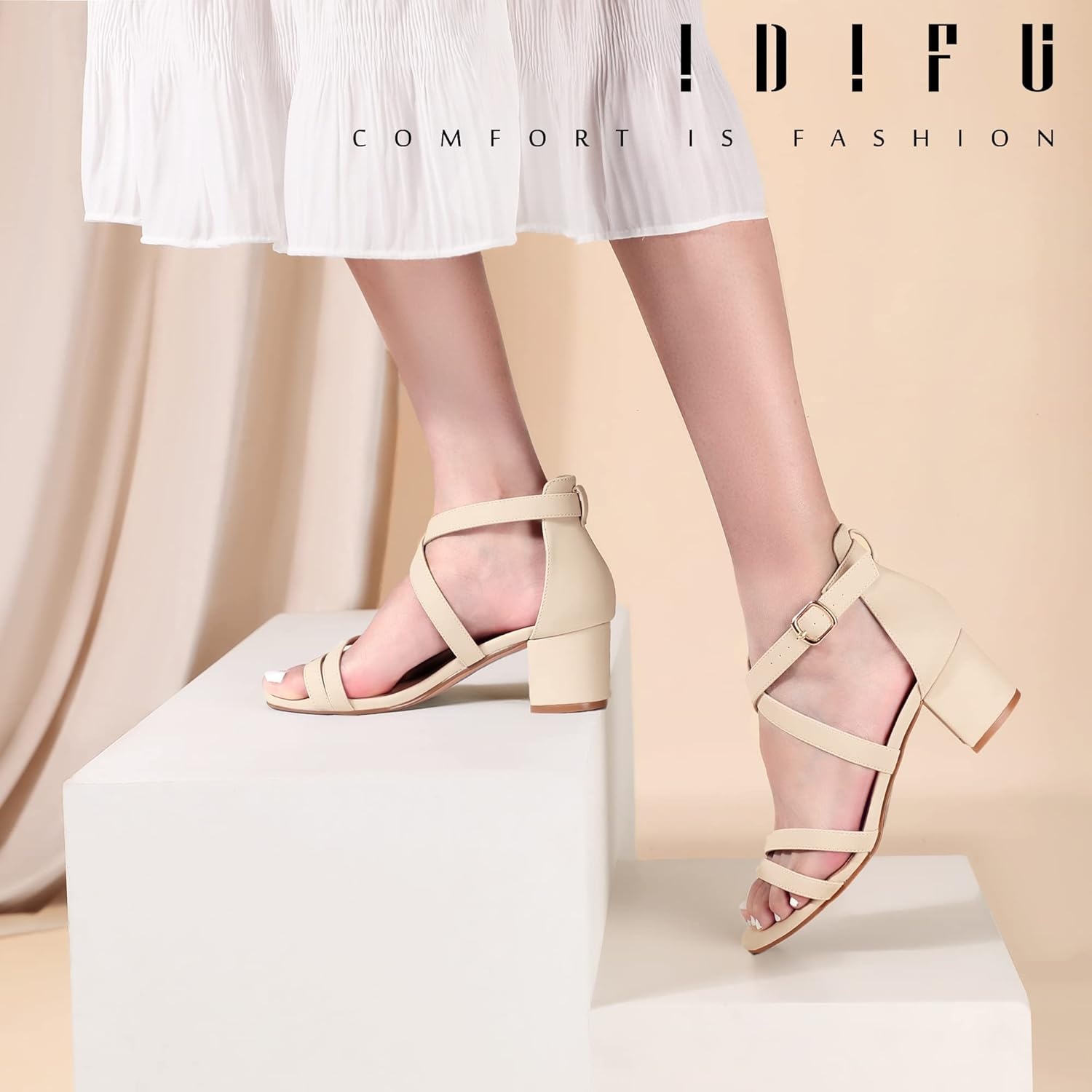 image:imageIDIFU Womens Block Low Chunky Heel Strappy Sandals Open Toe Ankle Strap Dress Wedding Evening Shoe for Women BridalNude Nubuck