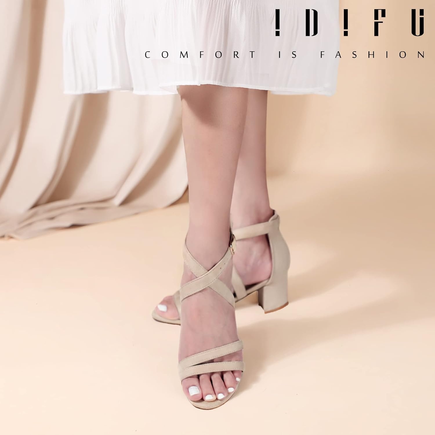 image:imageIDIFU Womens Block Low Chunky Heel Strappy Sandals Open Toe Ankle Strap Dress Wedding Evening Shoe for Women BridalNude Suede