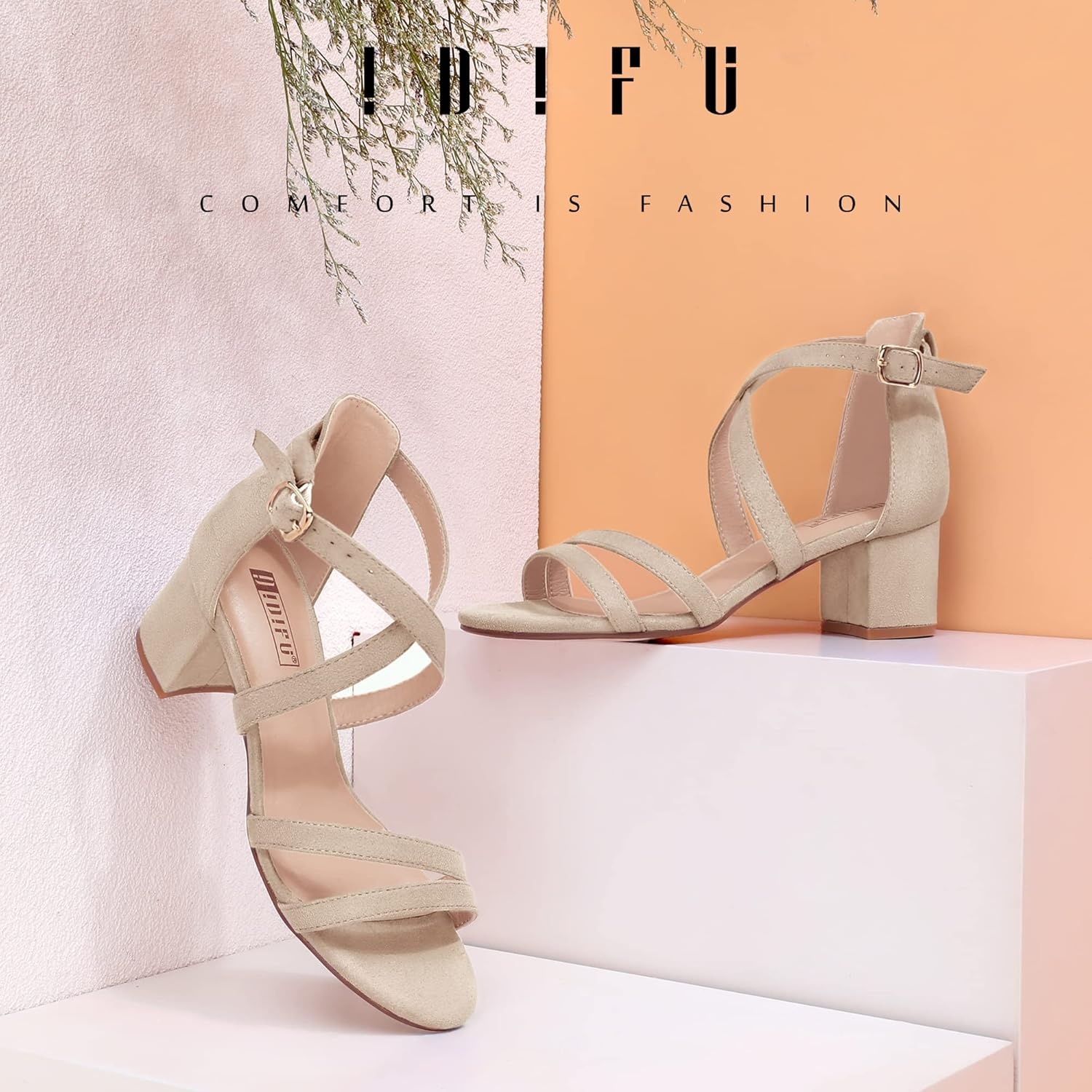 image:imageIDIFU Womens Block Low Chunky Heel Strappy Sandals Open Toe Ankle Strap Dress Wedding Evening Shoe for Women BridalNude Suede