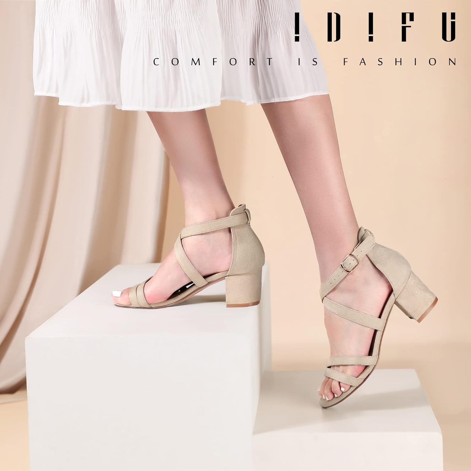 image:imageIDIFU Womens Block Low Chunky Heel Strappy Sandals Open Toe Ankle Strap Dress Wedding Evening Shoe for Women BridalNude Suede