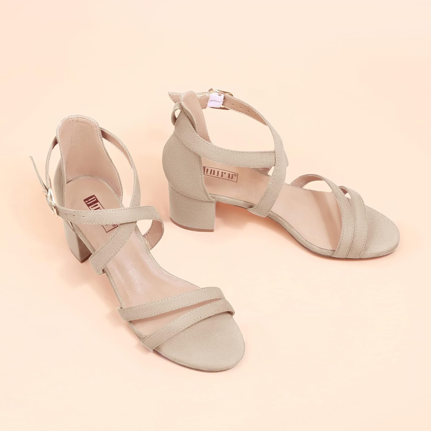 image:imageIDIFU Womens Block Low Chunky Heel Strappy Sandals Open Toe Ankle Strap Dress Wedding Evening Shoe for Women BridalNude Suede