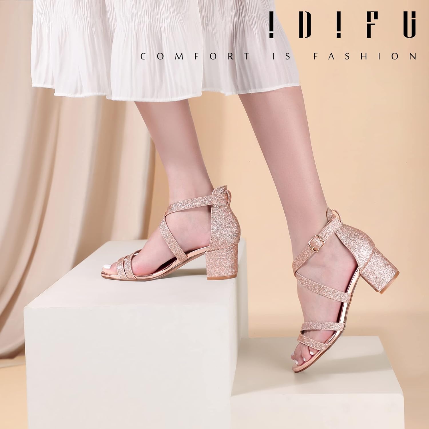 image:imageIDIFU Womens Block Low Chunky Heel Strappy Sandals Open Toe Ankle Strap Dress Wedding Evening Shoe for Women BridalRose Gold Shiny